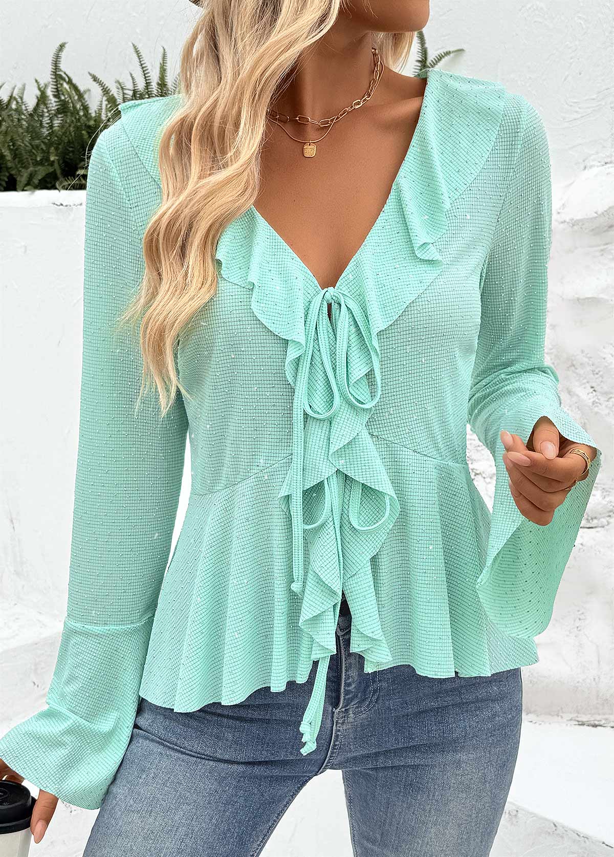 Mint Green Peplum Long Sleeve V Neck Blouse | picture 