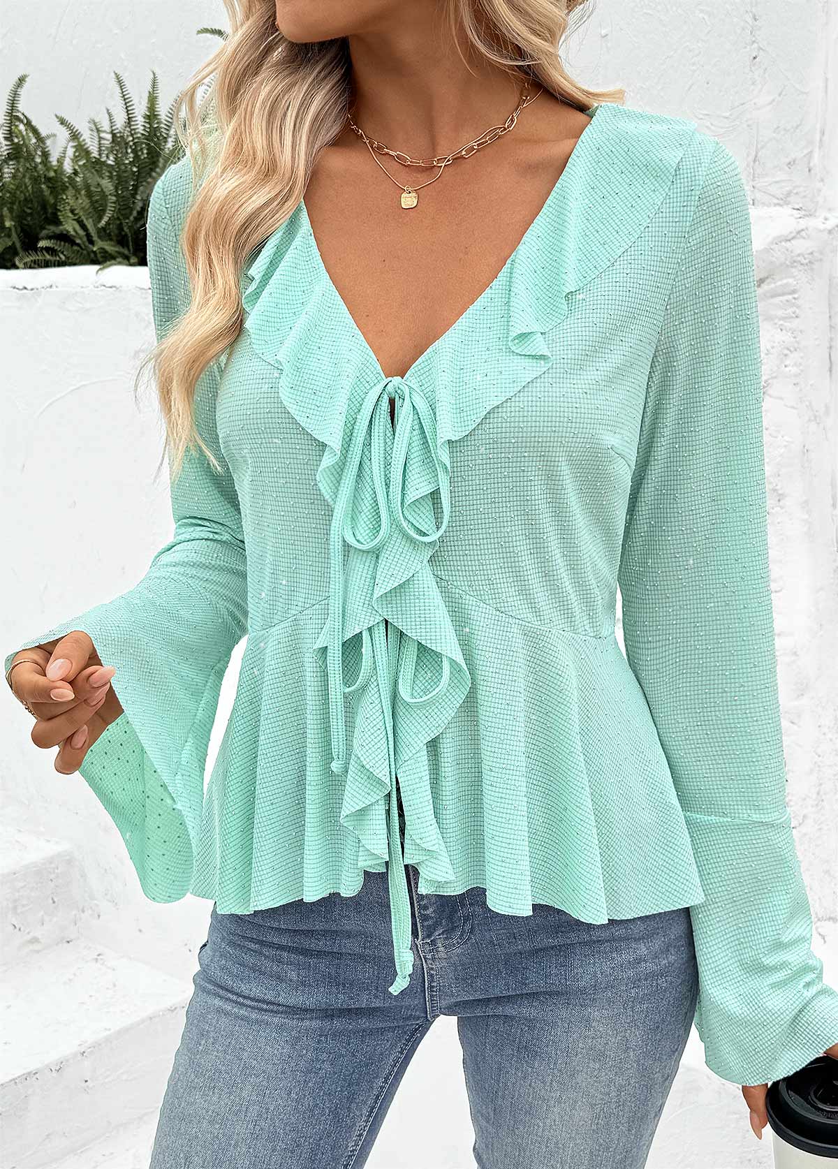 Mint Green Peplum Long Sleeve V Neck Blouse | picture 