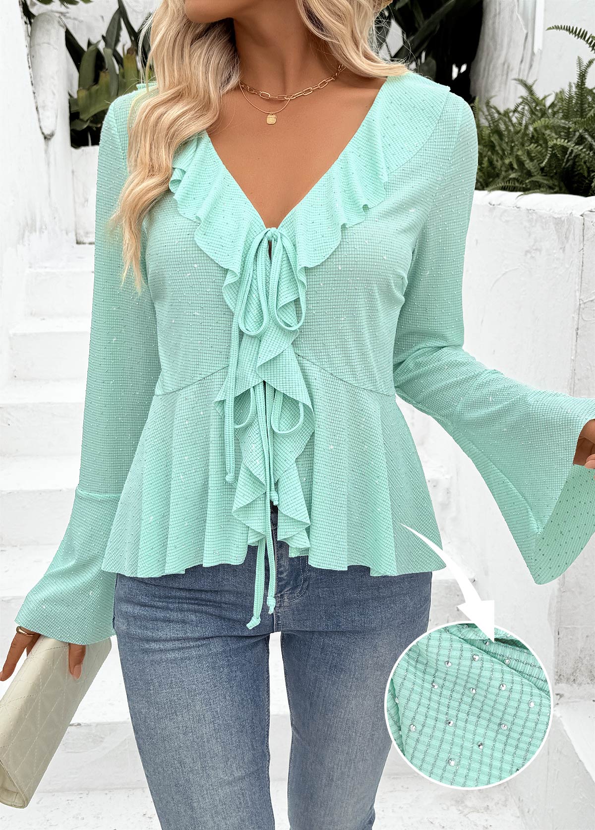 Mint Green Peplum Long Sleeve V Neck Blouse | picture 