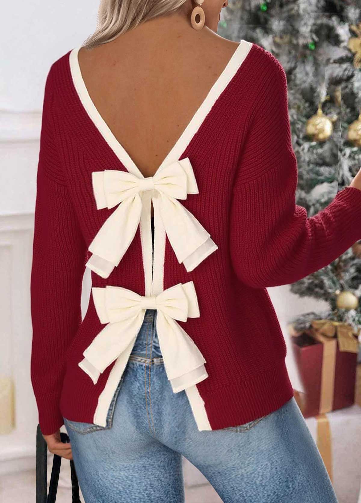 Wine Red Tummy Coverage Long Sleeve Round Neck Sweater | picture 