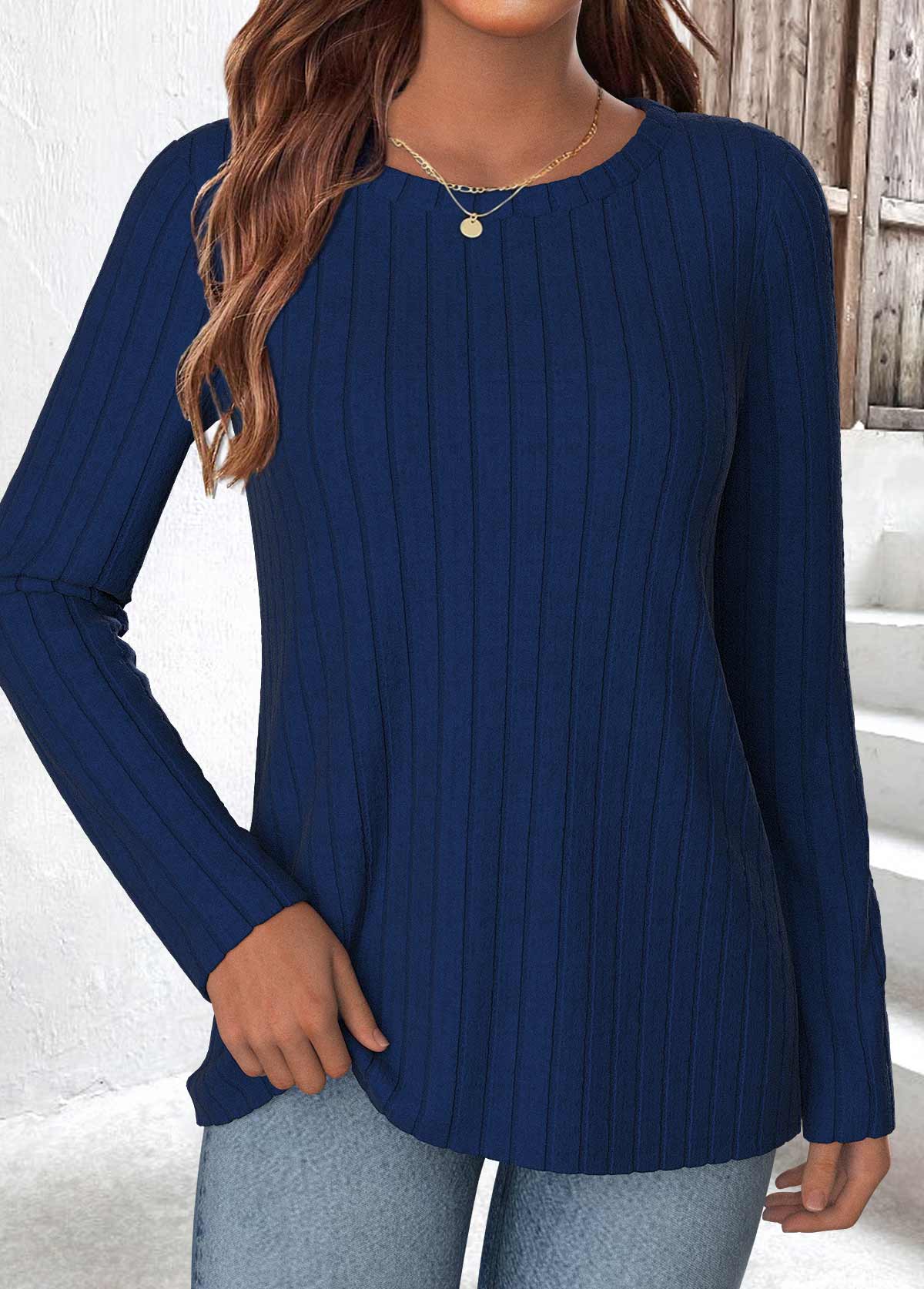 Navy Long Sleeve Round Neck T Shirt | picture 