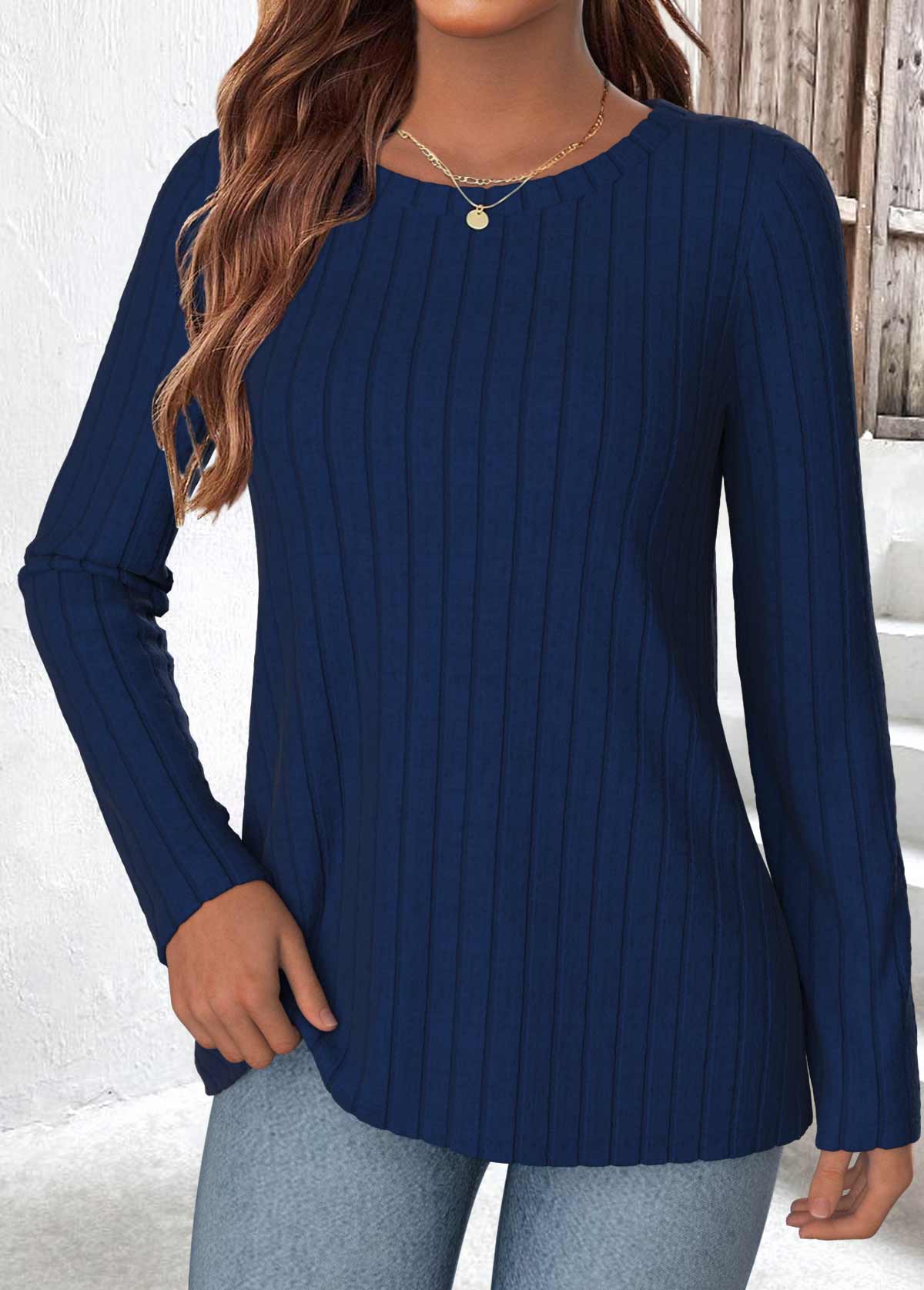 Navy Long Sleeve Round Neck T Shirt | picture 