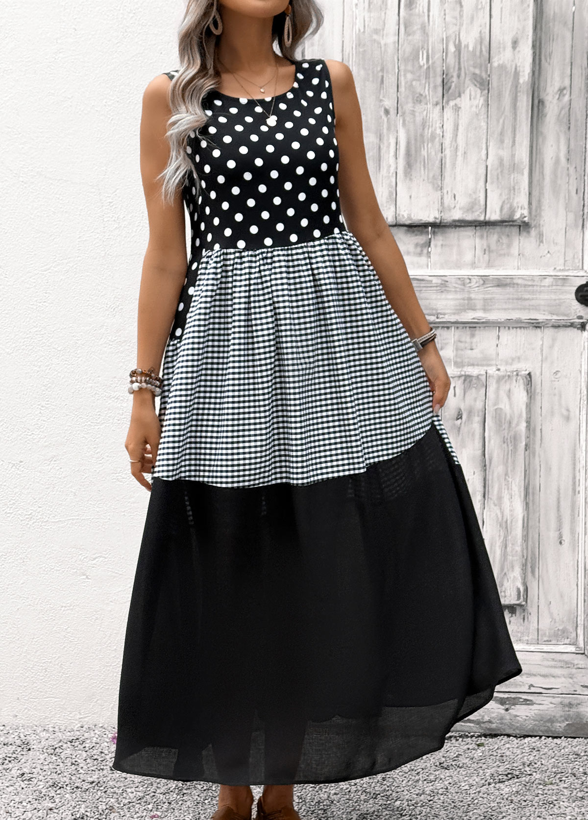 Black Tummy Coverage Polka Dot Sleeveless Round Neck Dress | picture 