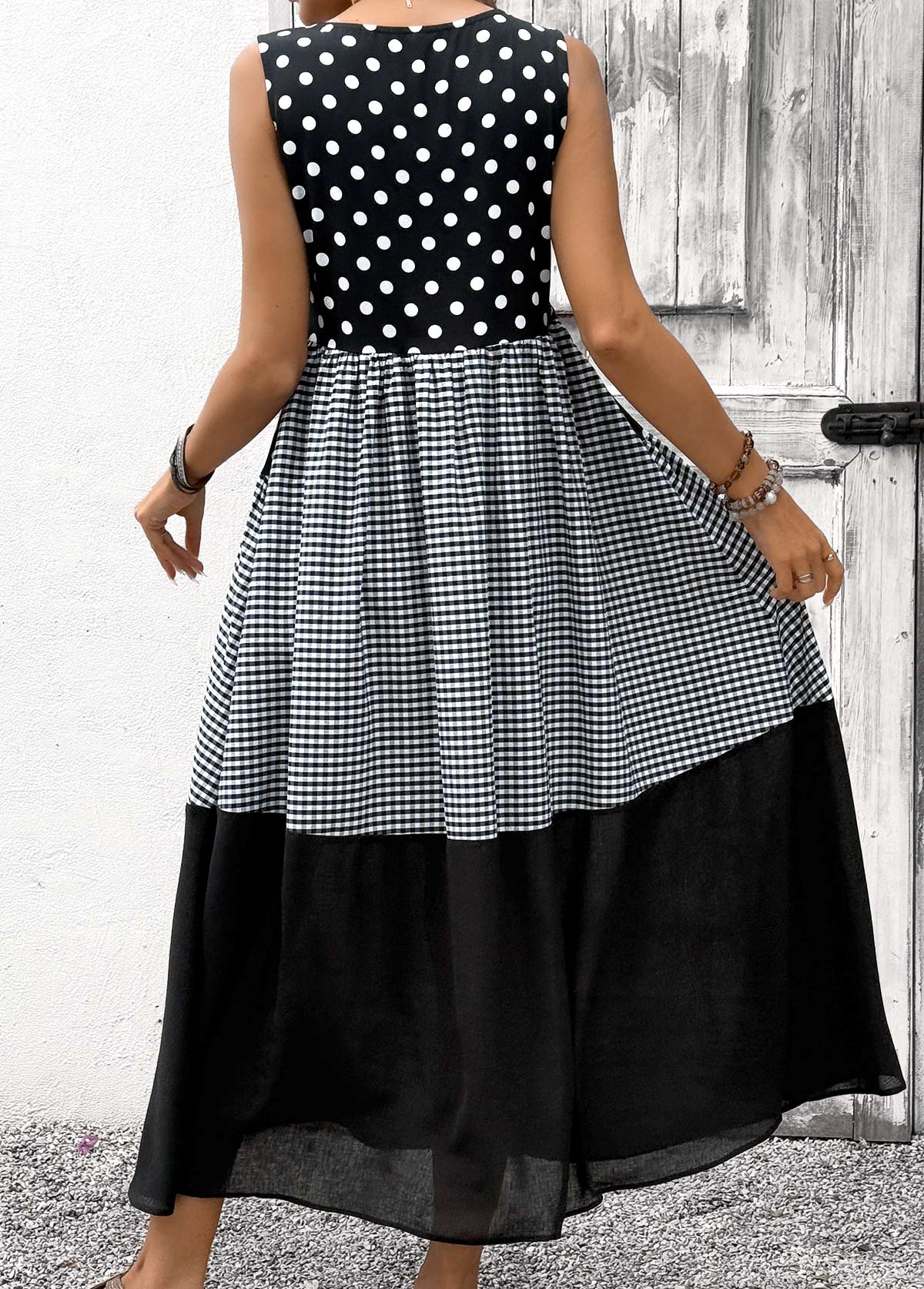 Black Tummy Coverage Polka Dot Sleeveless Round Neck Dress | picture 