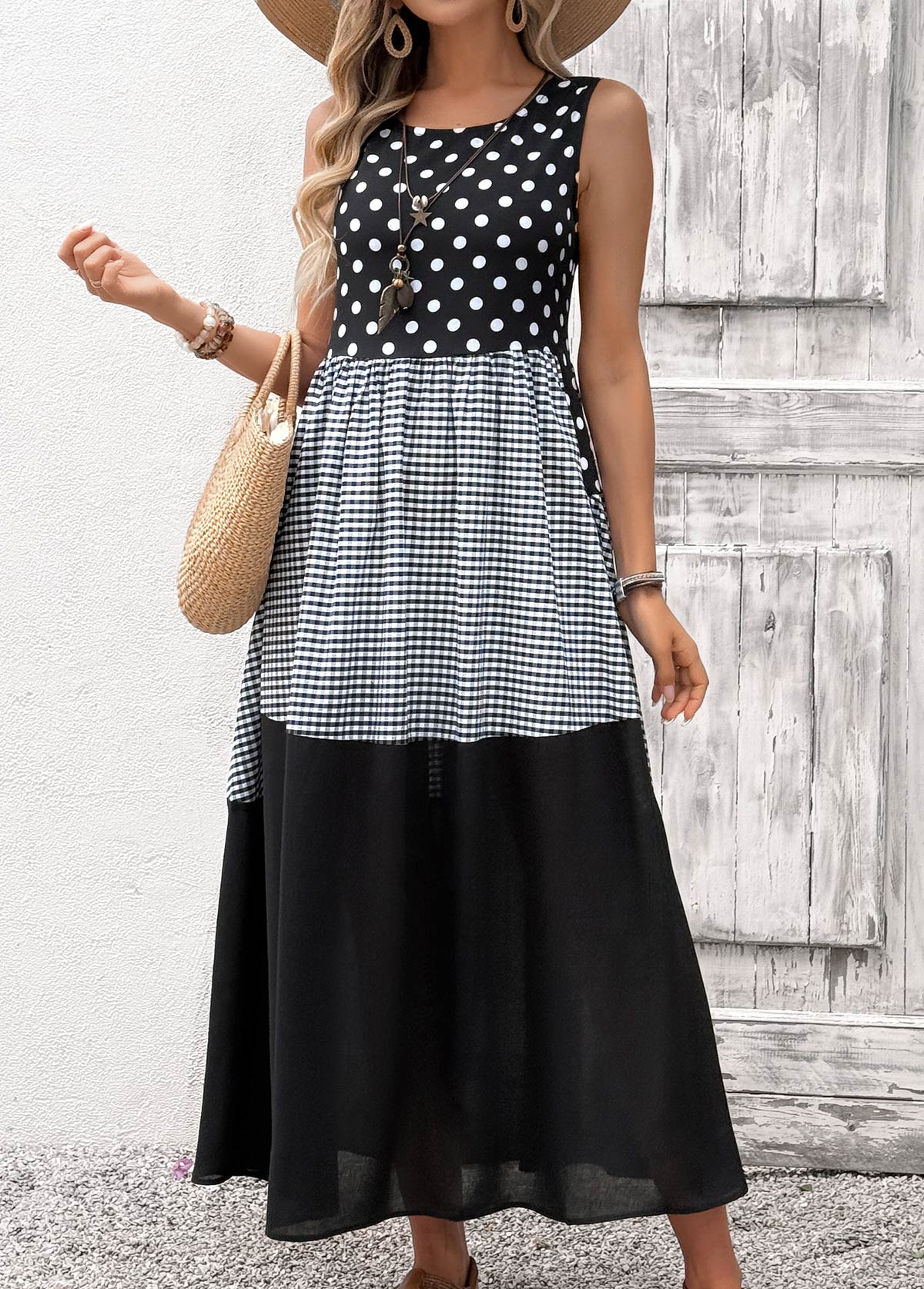 Black Tummy Coverage Polka Dot Sleeveless Round Neck Dress | picture 