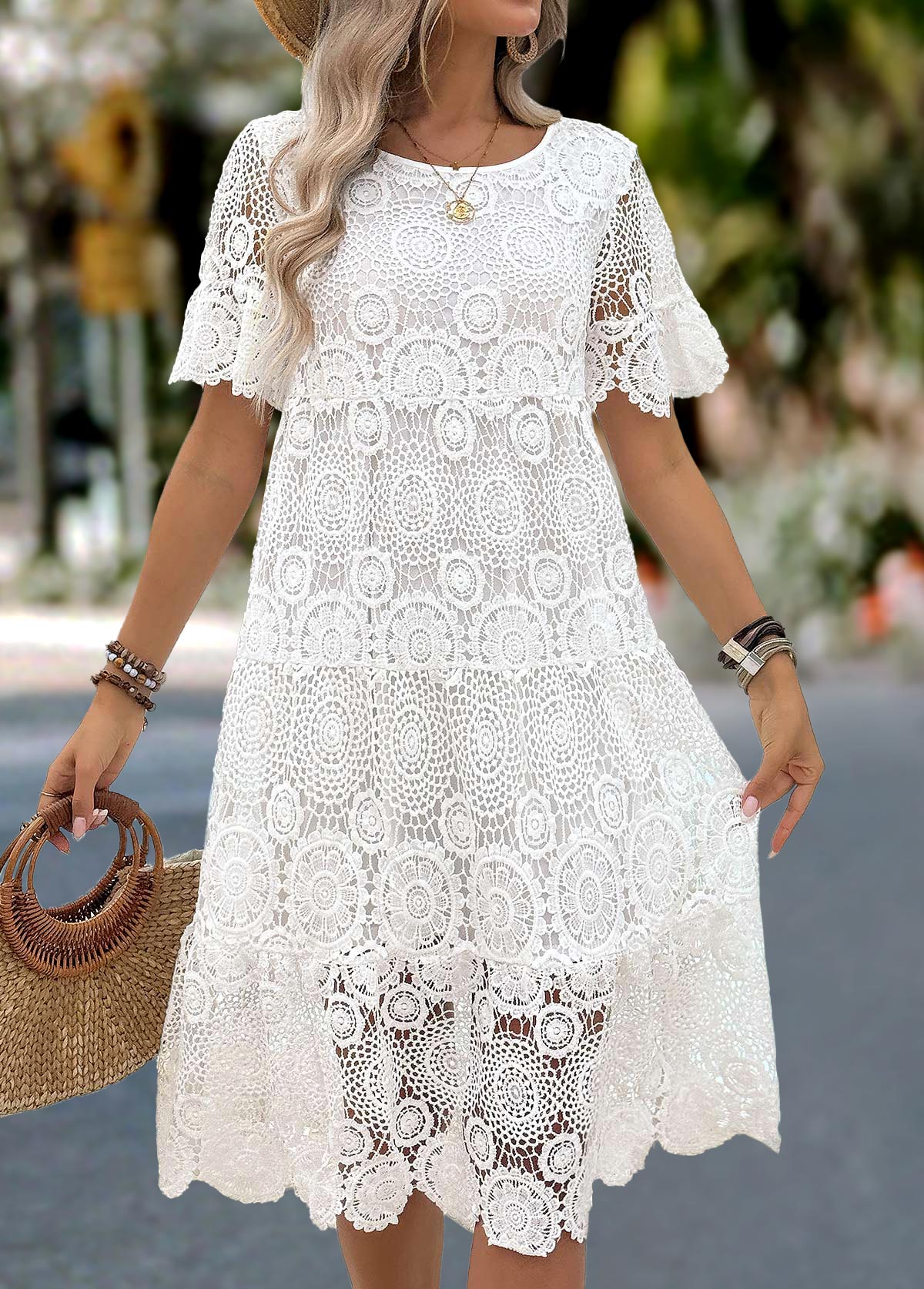 White Tummy Coverage Short Sleeve Scoop Neck Dress | picture 