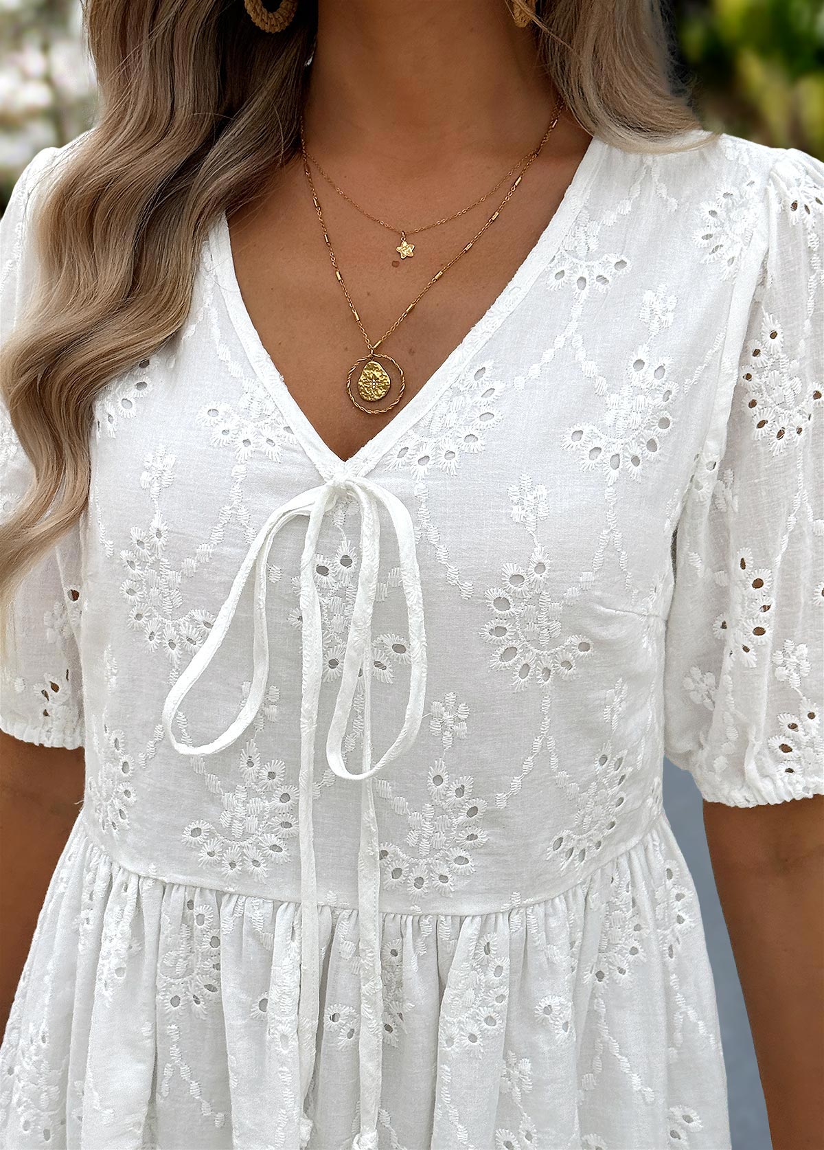 White Tummy Coverage Half Sleeve V Neck Dress | picture 