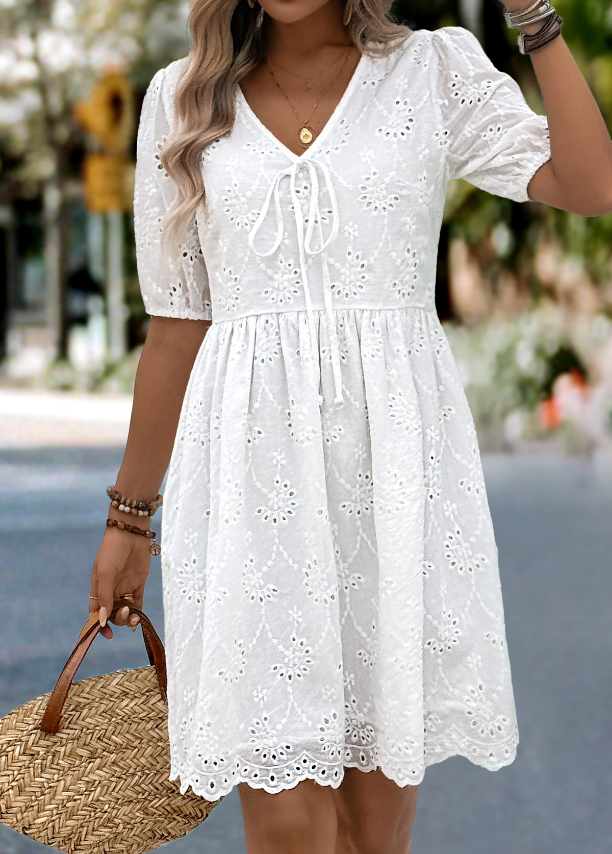 White Tummy Coverage Half Sleeve V Neck Dress | picture 