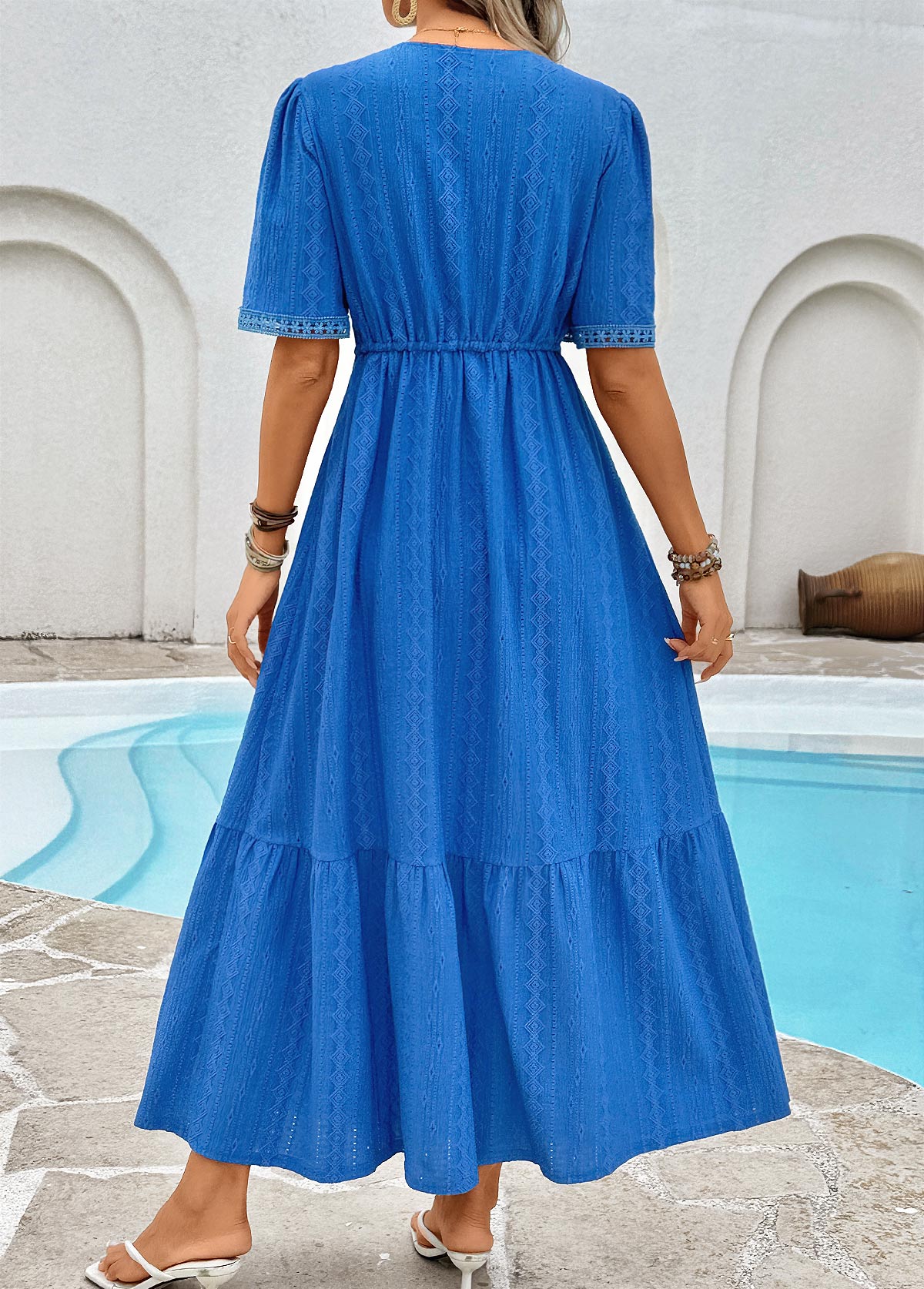 Royal Blue Tummy Coverage Short Sleeve V Neck Dress | picture 