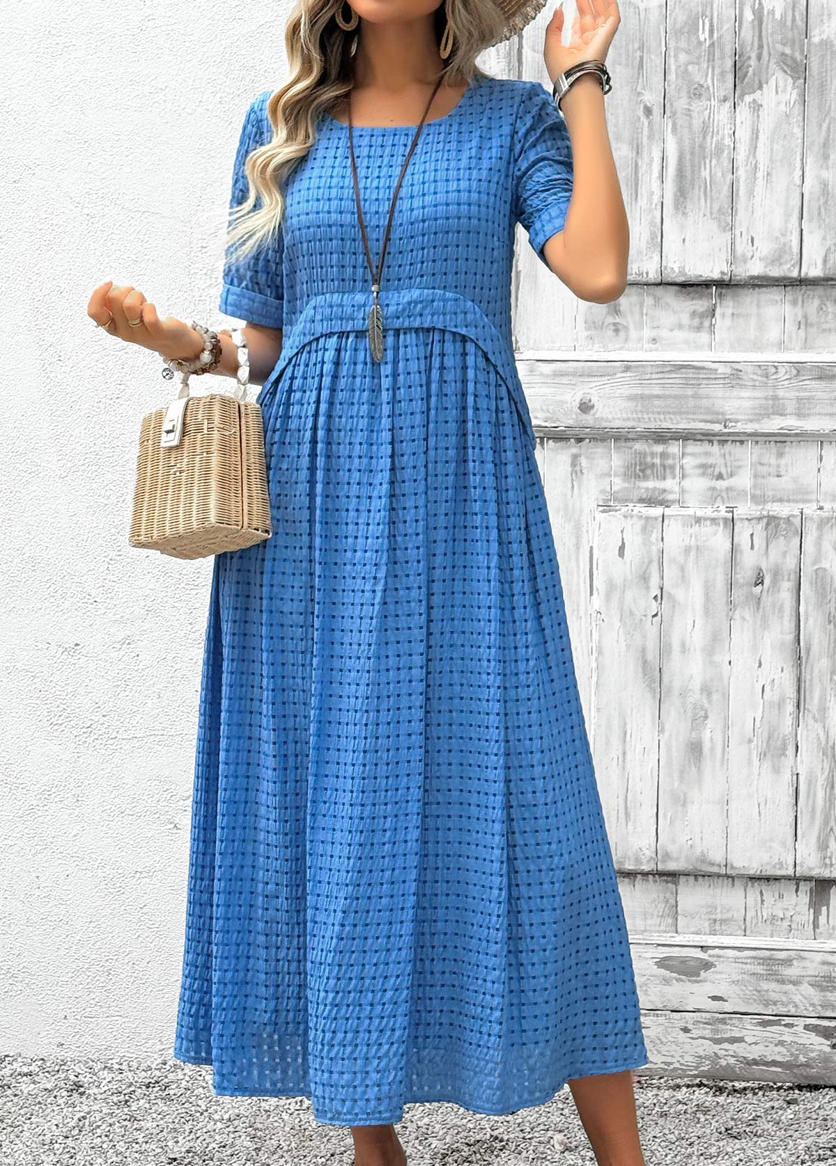 Sky Blue Tummy Coverage Short Sleeve Scoop Neck Dress | picture 