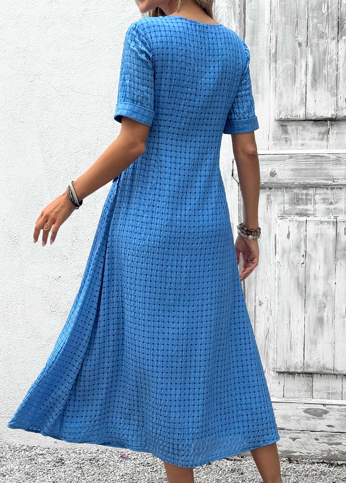 Sky Blue Tummy Coverage Short Sleeve Scoop Neck Dress | picture 