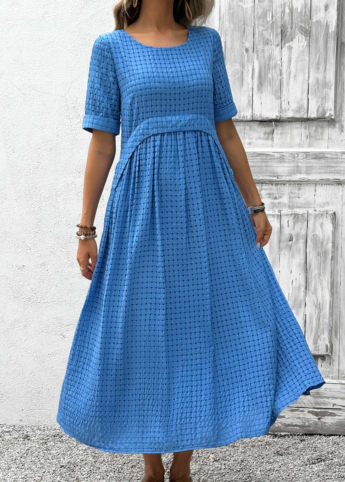 Sky Blue Tummy Coverage Short Sleeve Scoop Neck Dress | picture 