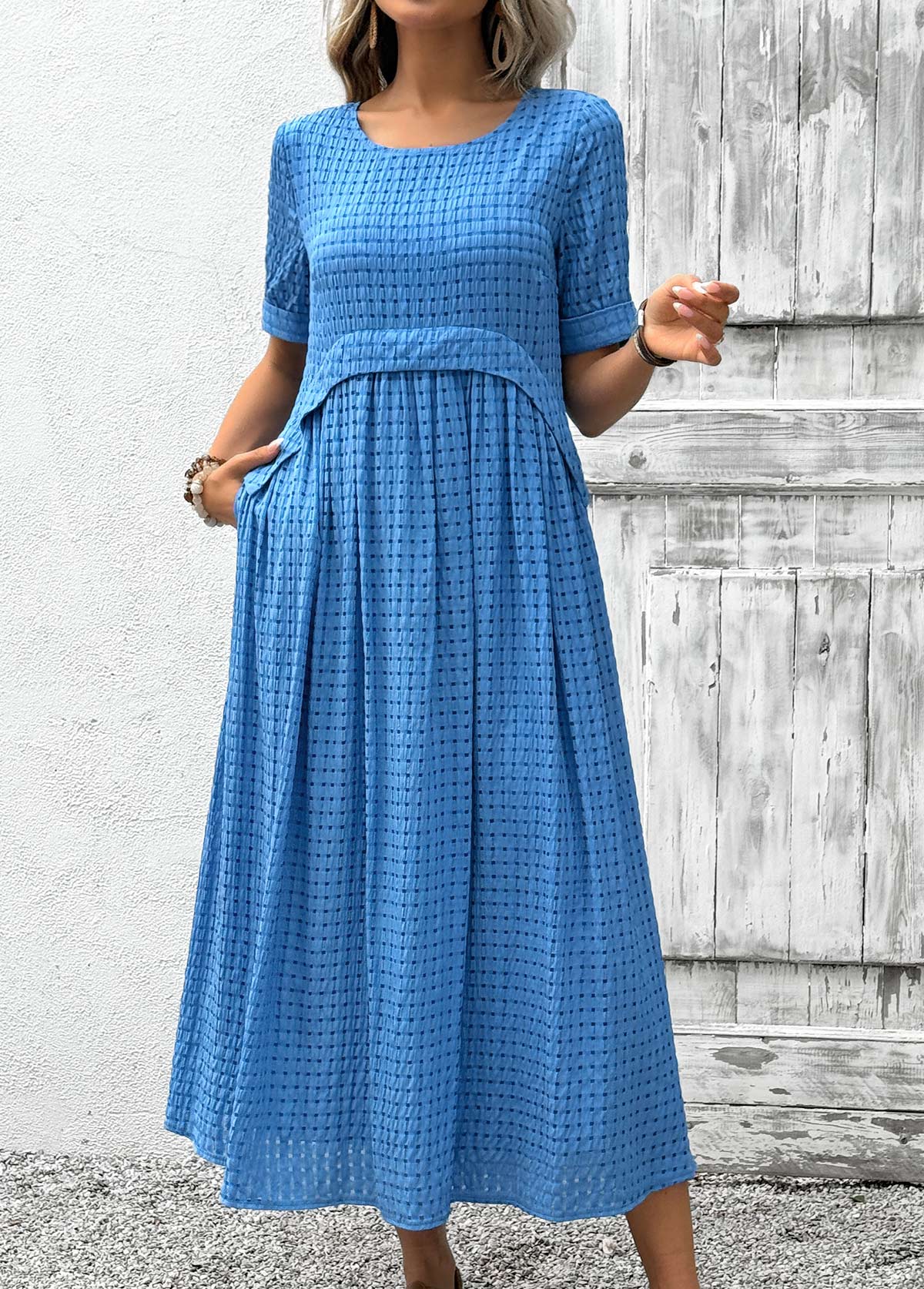 Sky Blue Tummy Coverage Short Sleeve Scoop Neck Dress | picture 