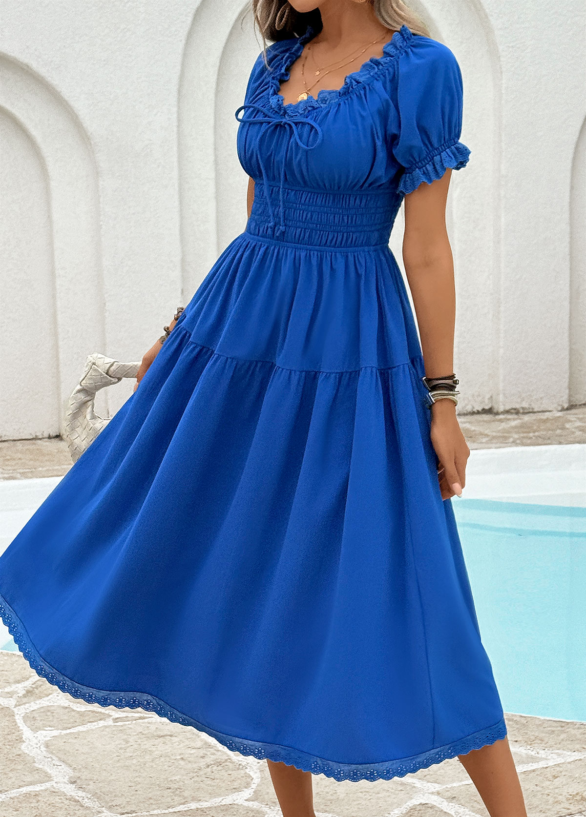 Blue Tummy Coverage Short Sleeve V Neck Dress | picture 