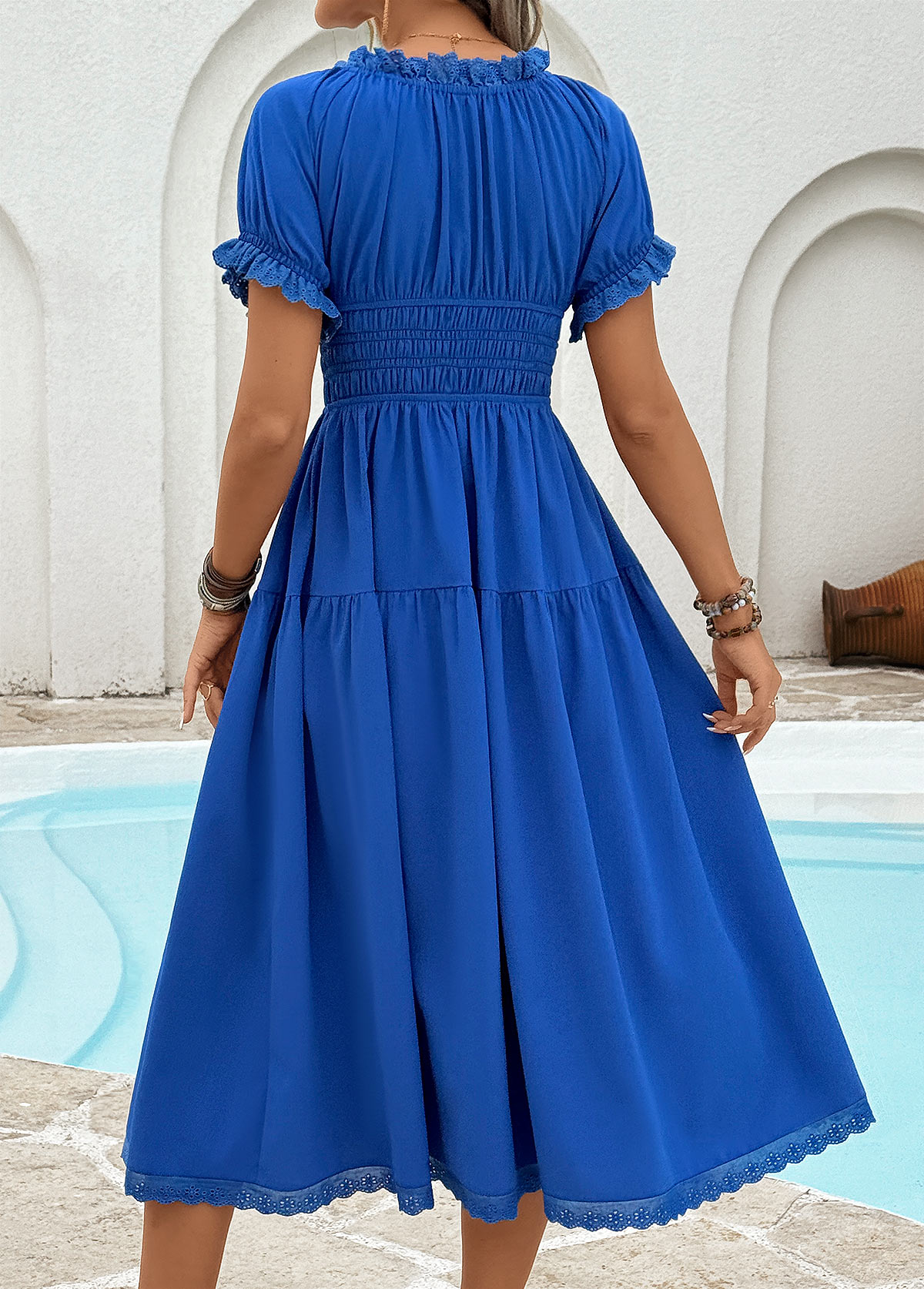 Blue Tummy Coverage Short Sleeve V Neck Dress | picture 