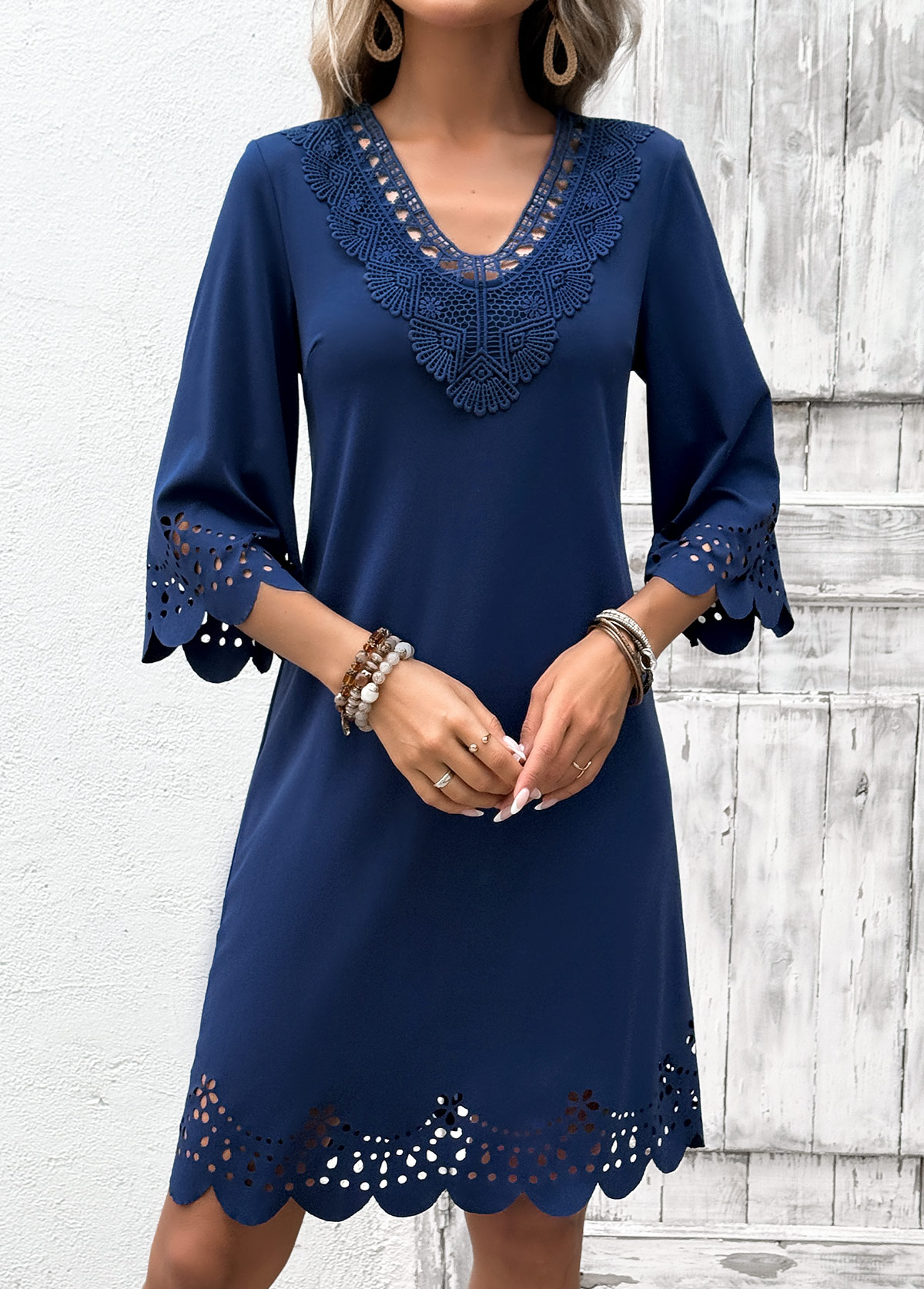 Navy Tummy Coverage Geometric Print Short 3/4 Sleeve Dress | picture 