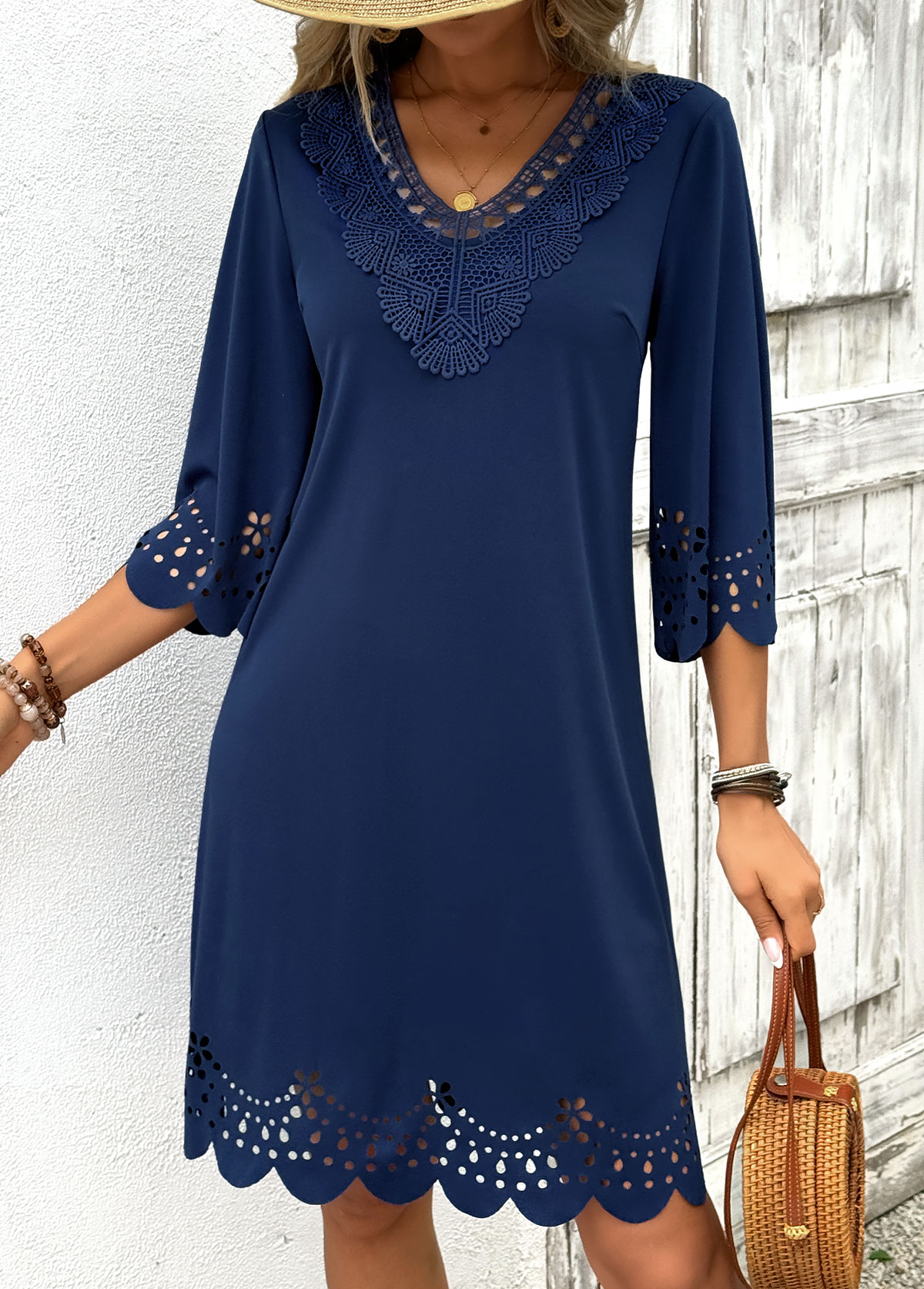 Navy Tummy Coverage Geometric Print Short 3/4 Sleeve Dress | picture 
