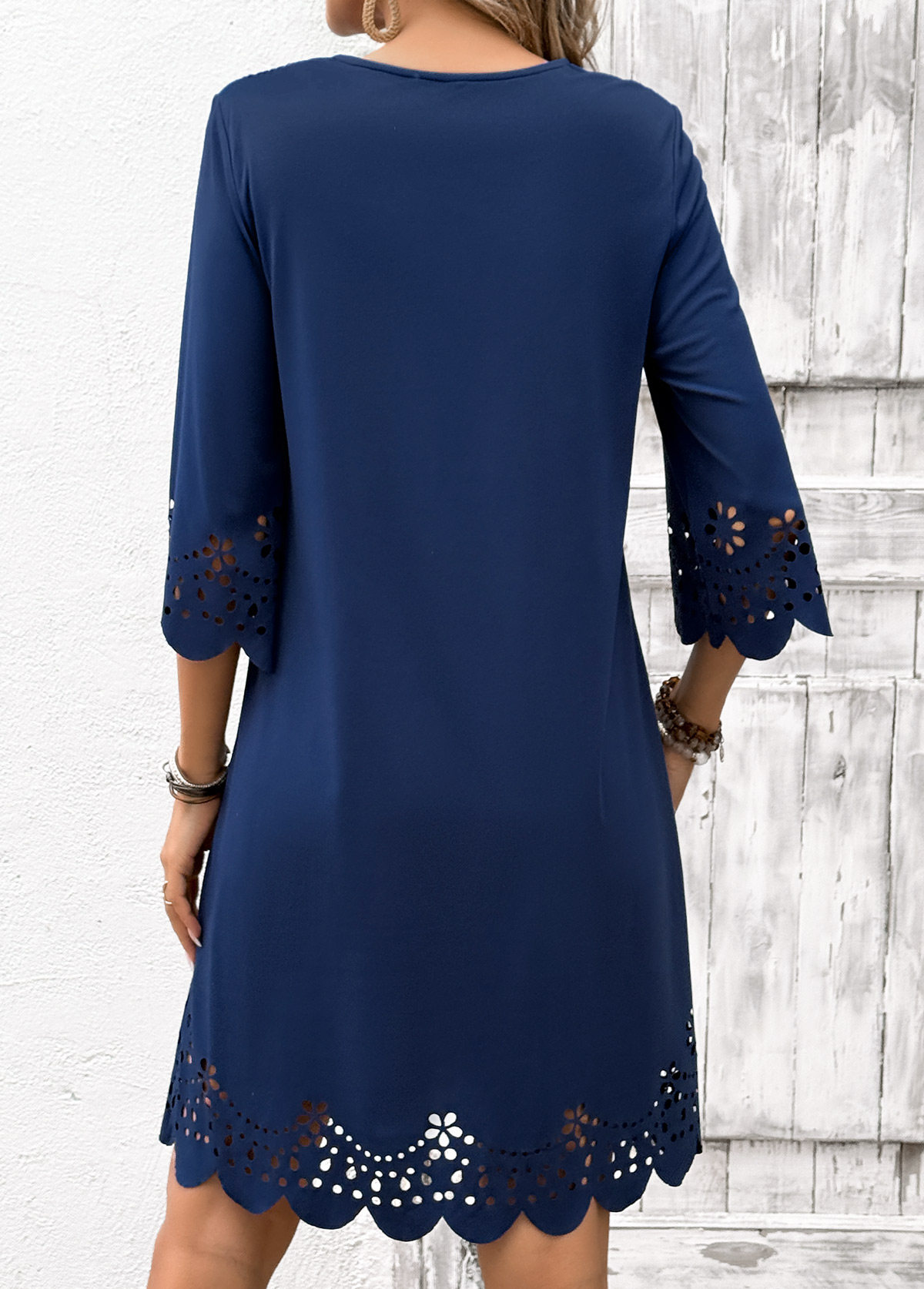 Navy Tummy Coverage Geometric Print Short 3/4 Sleeve Dress | picture 