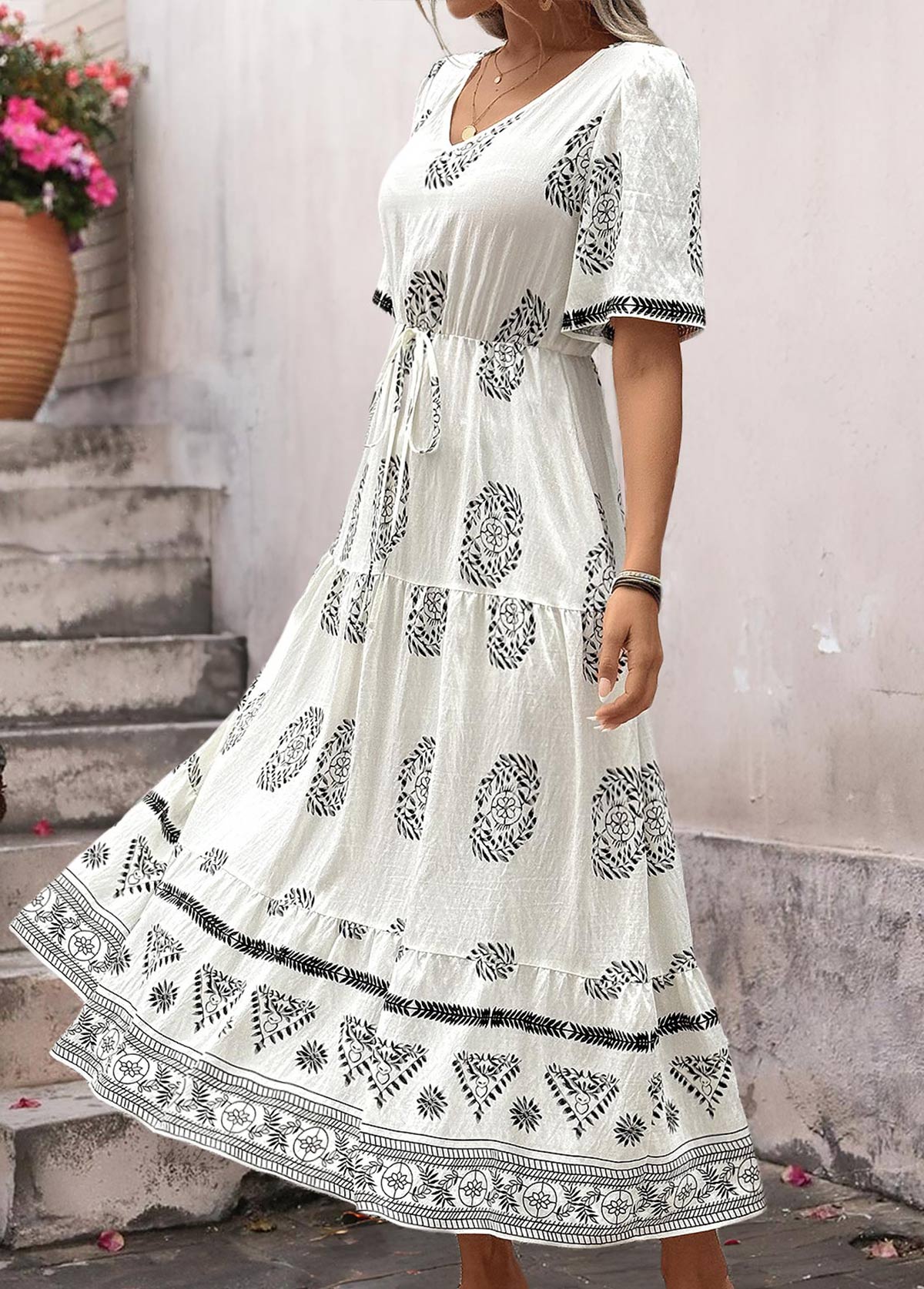 White Bohemian Print Tummy Coverage Short Sleeve Dress | picture 