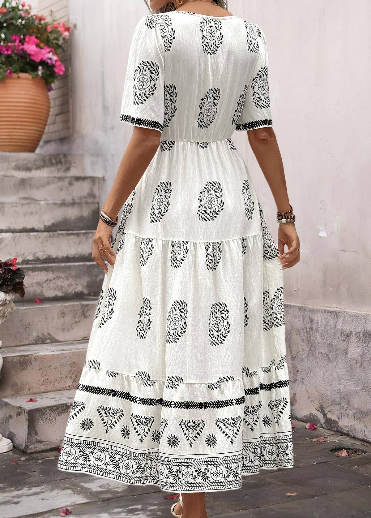 White Bohemian Print Tummy Coverage Short Sleeve Dress | picture 