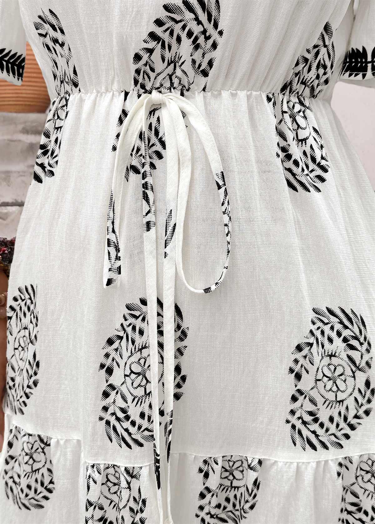 White Bohemian Print Tummy Coverage Short Sleeve Dress | picture 