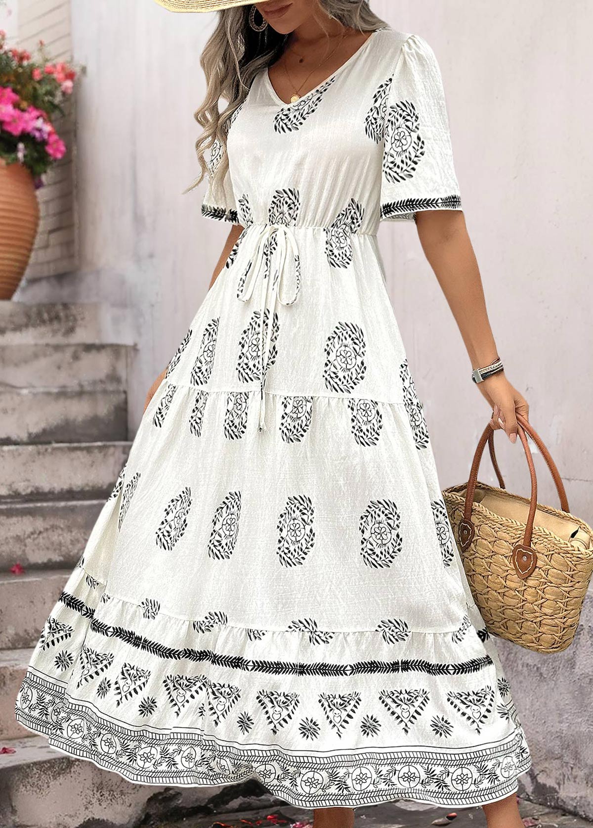 White Bohemian Print Tummy Coverage Short Sleeve Dress | picture 