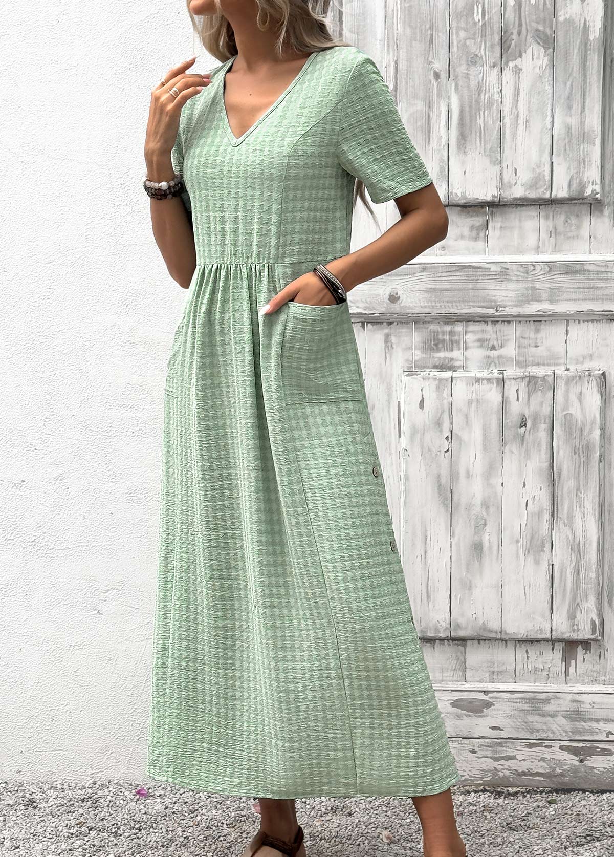Sage Green Tummy Coverage Short Sleeve V Neck Dress | picture 