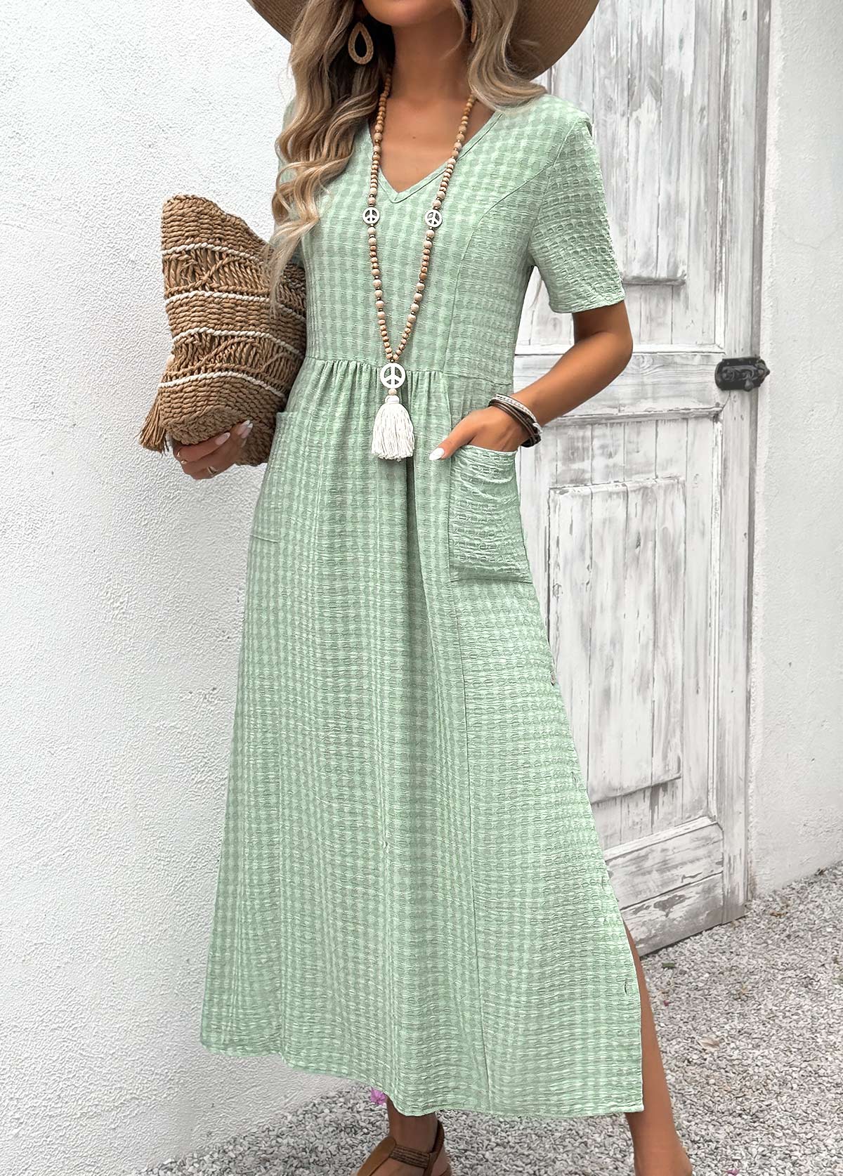 Sage Green Tummy Coverage Short Sleeve V Neck Dress | picture 