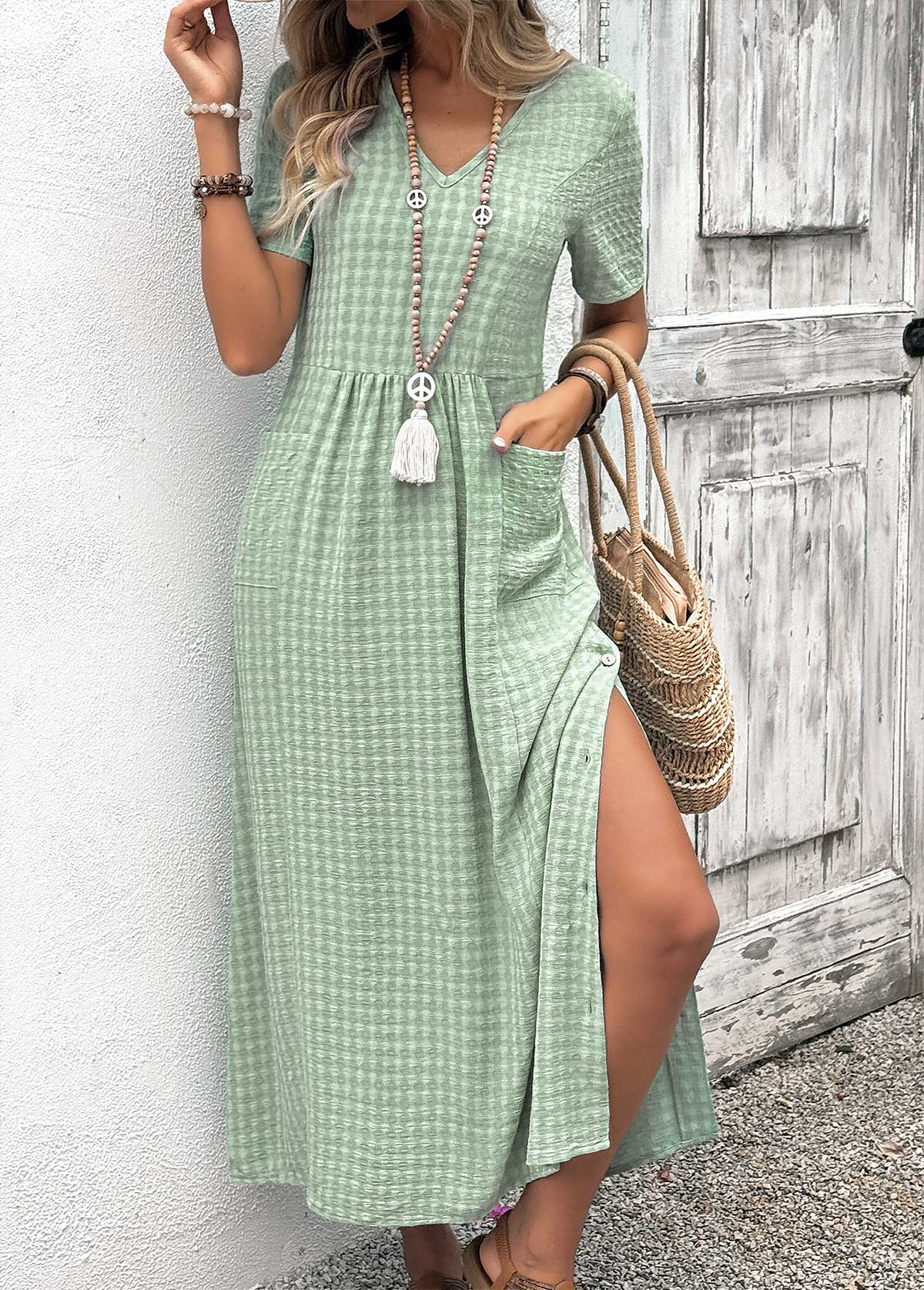 Sage Green Tummy Coverage Short Sleeve V Neck Dress | picture 