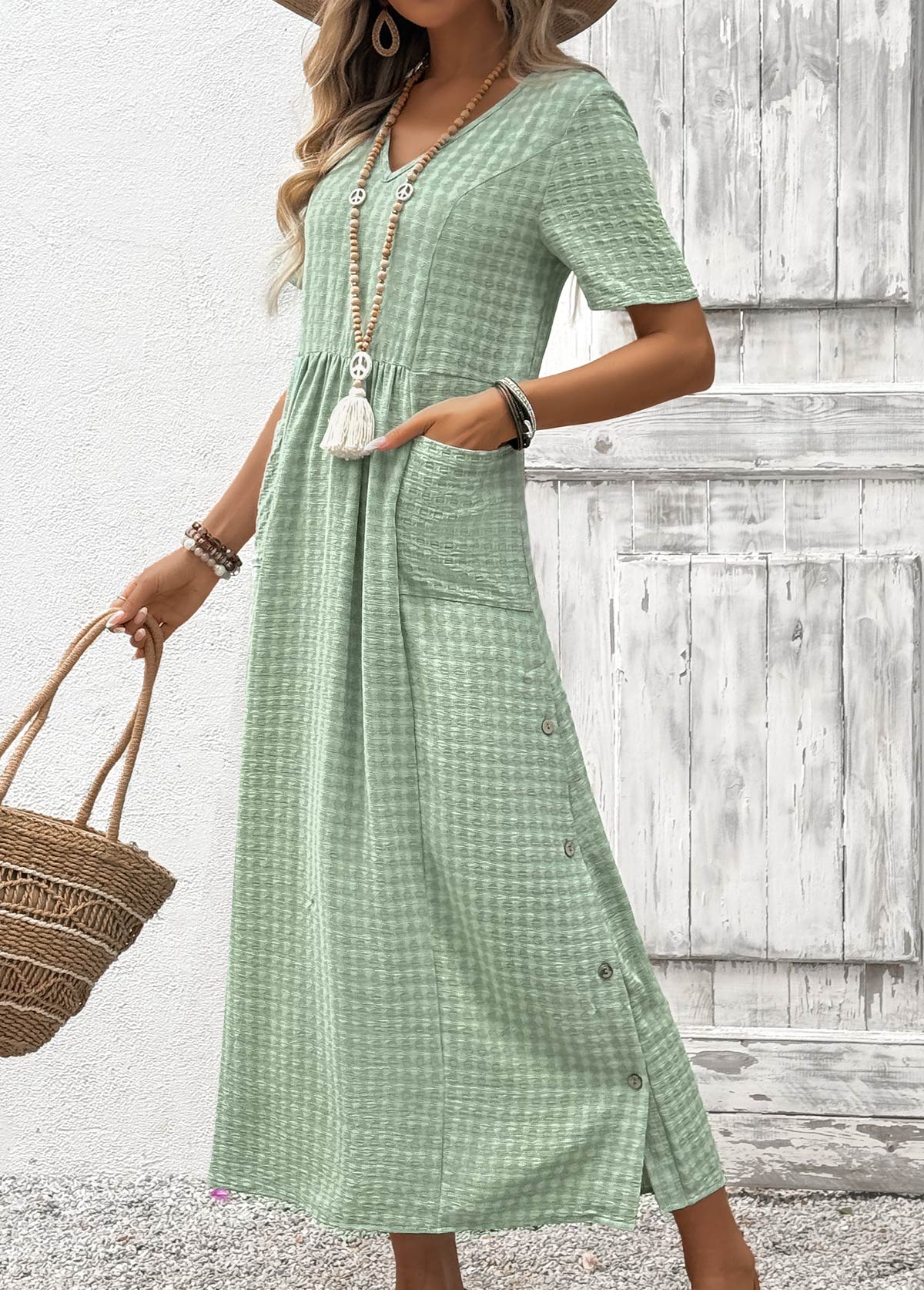 Sage Green Tummy Coverage Short Sleeve V Neck Dress | picture 