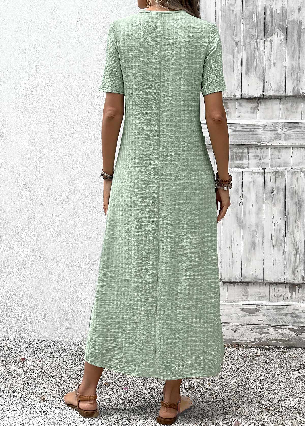 Sage Green Tummy Coverage Short Sleeve V Neck Dress | picture 