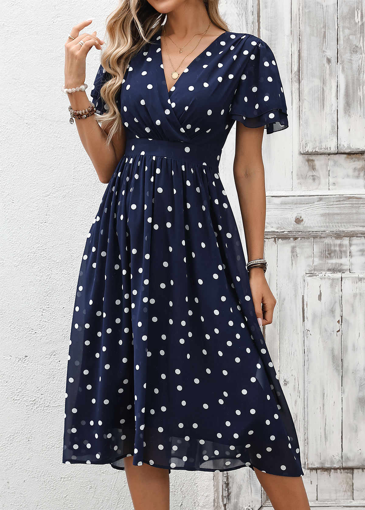 Navy Tummy Coverage Polka Dot Short Sleeve Dress | picture 