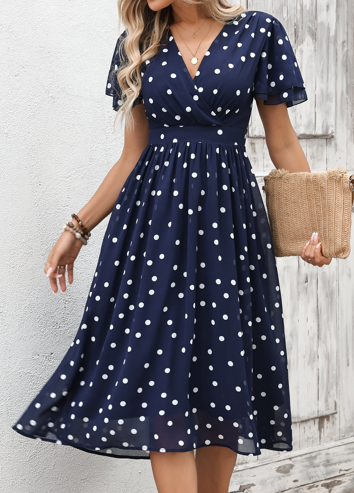 Navy Tummy Coverage Polka Dot Short Sleeve Dress | picture 