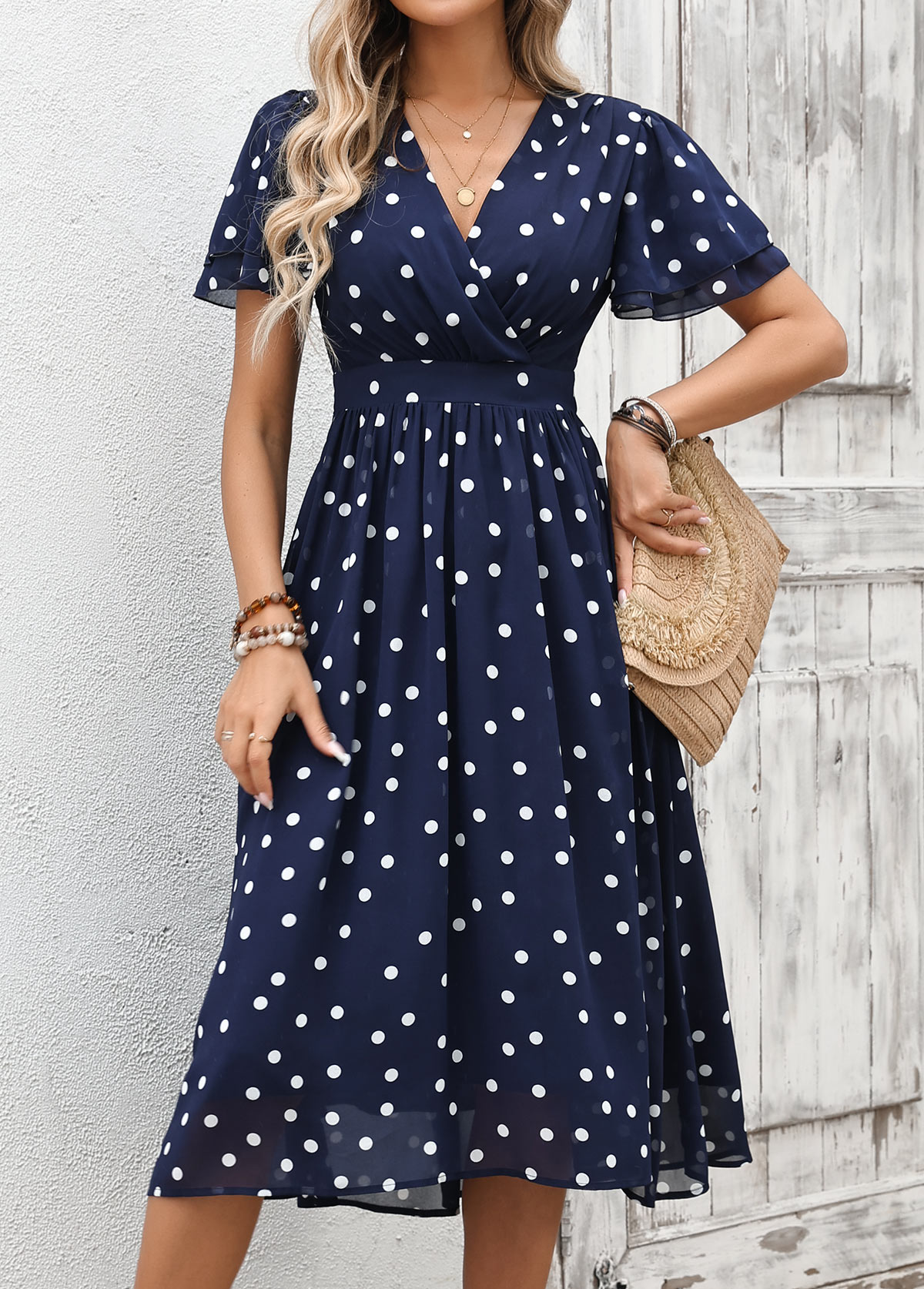 Navy Tummy Coverage Polka Dot Short Sleeve Dress | picture 