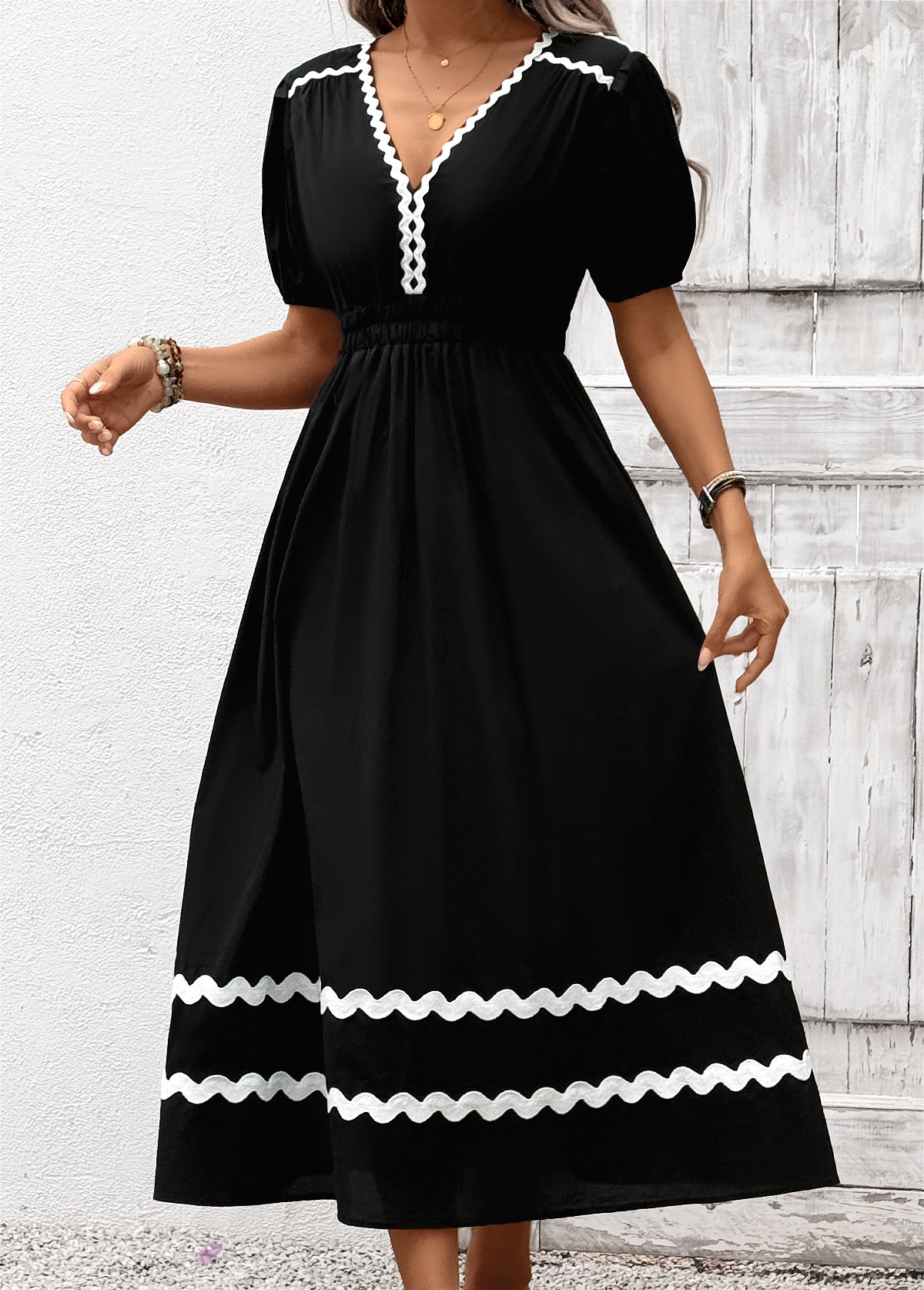 Black Tummy Coverage Maxi Short Sleeve V Neck Dress | picture 