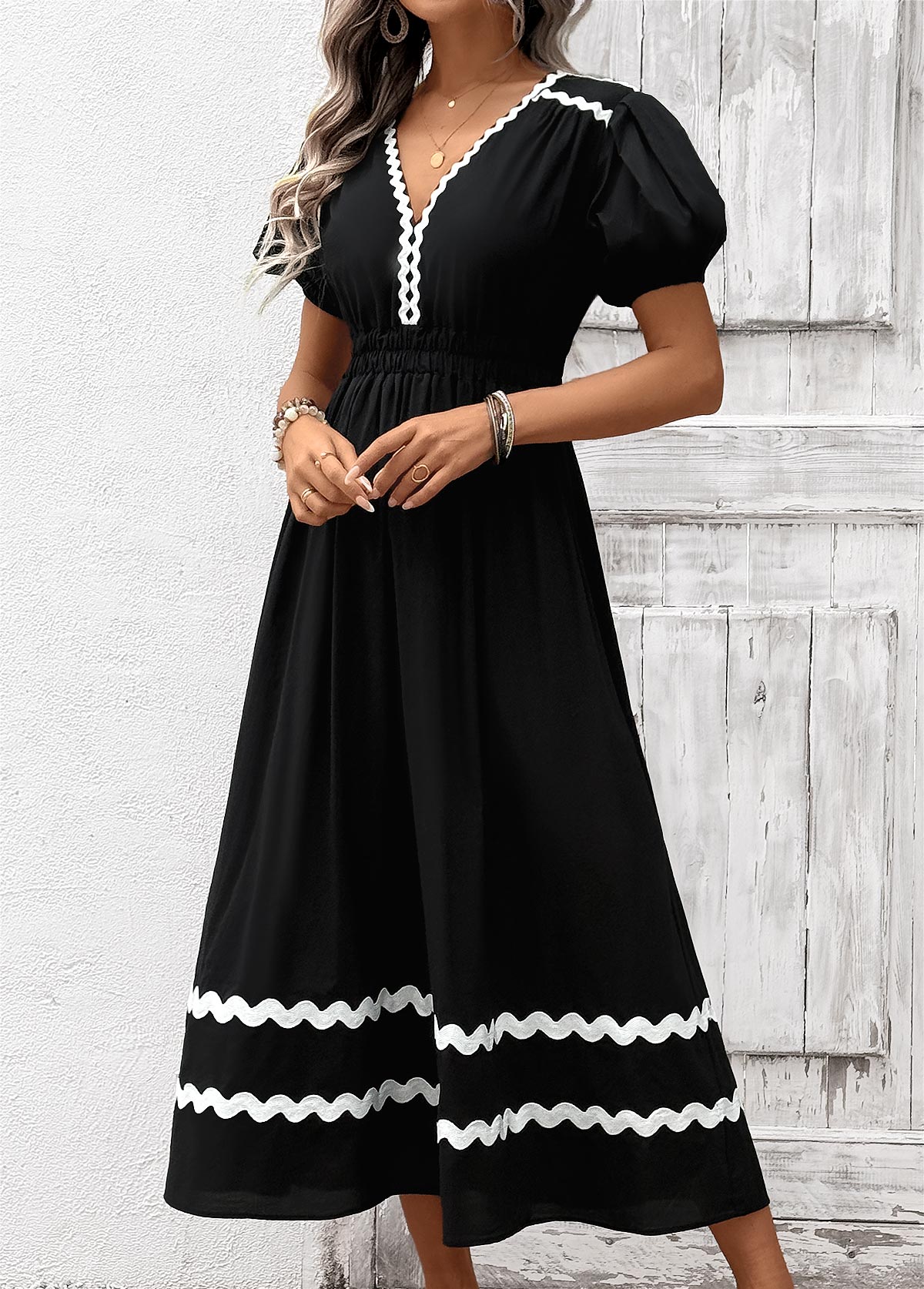 Black Tummy Coverage Maxi Short Sleeve V Neck Dress | picture 