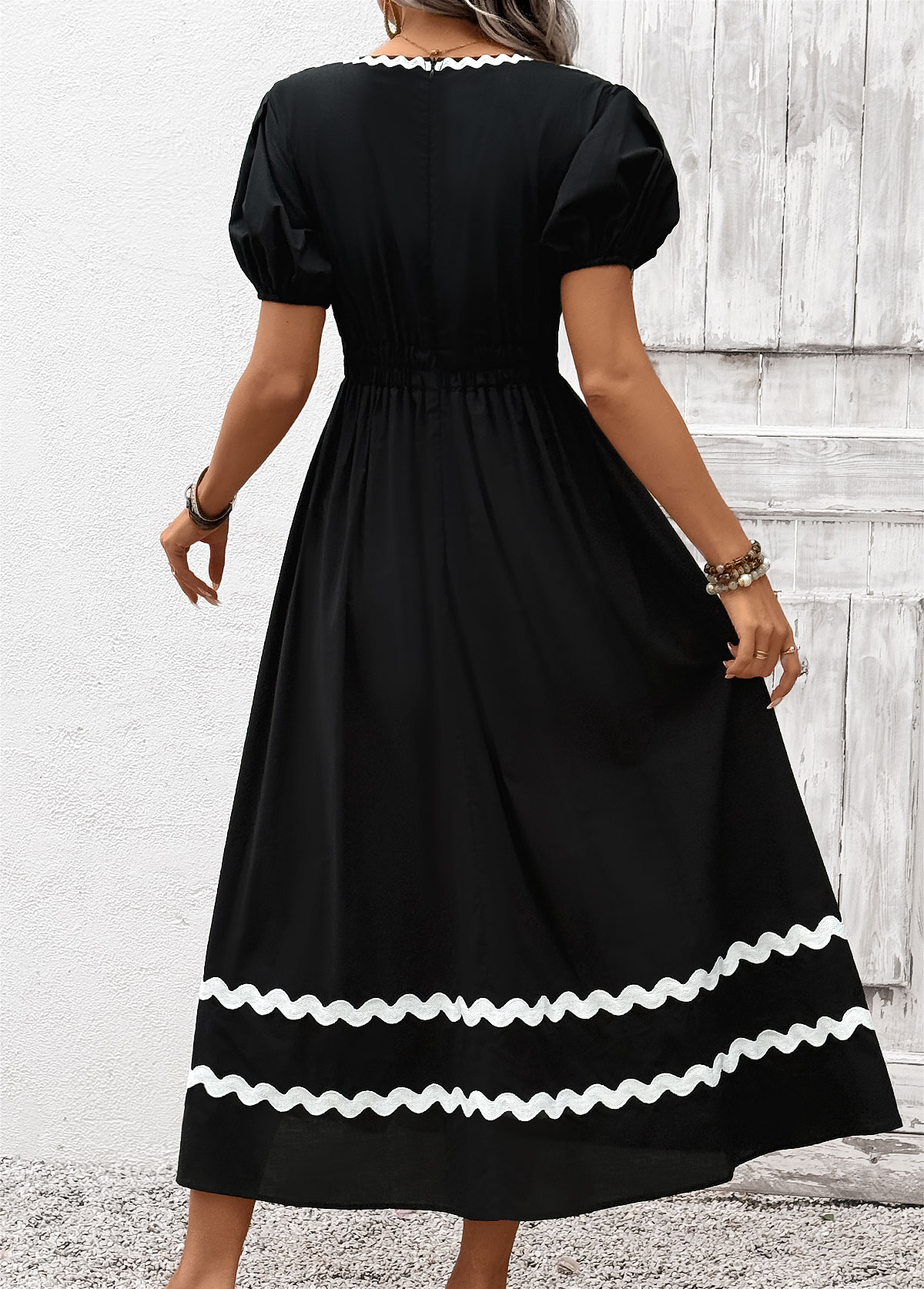 Black Tummy Coverage Maxi Short Sleeve V Neck Dress | picture 