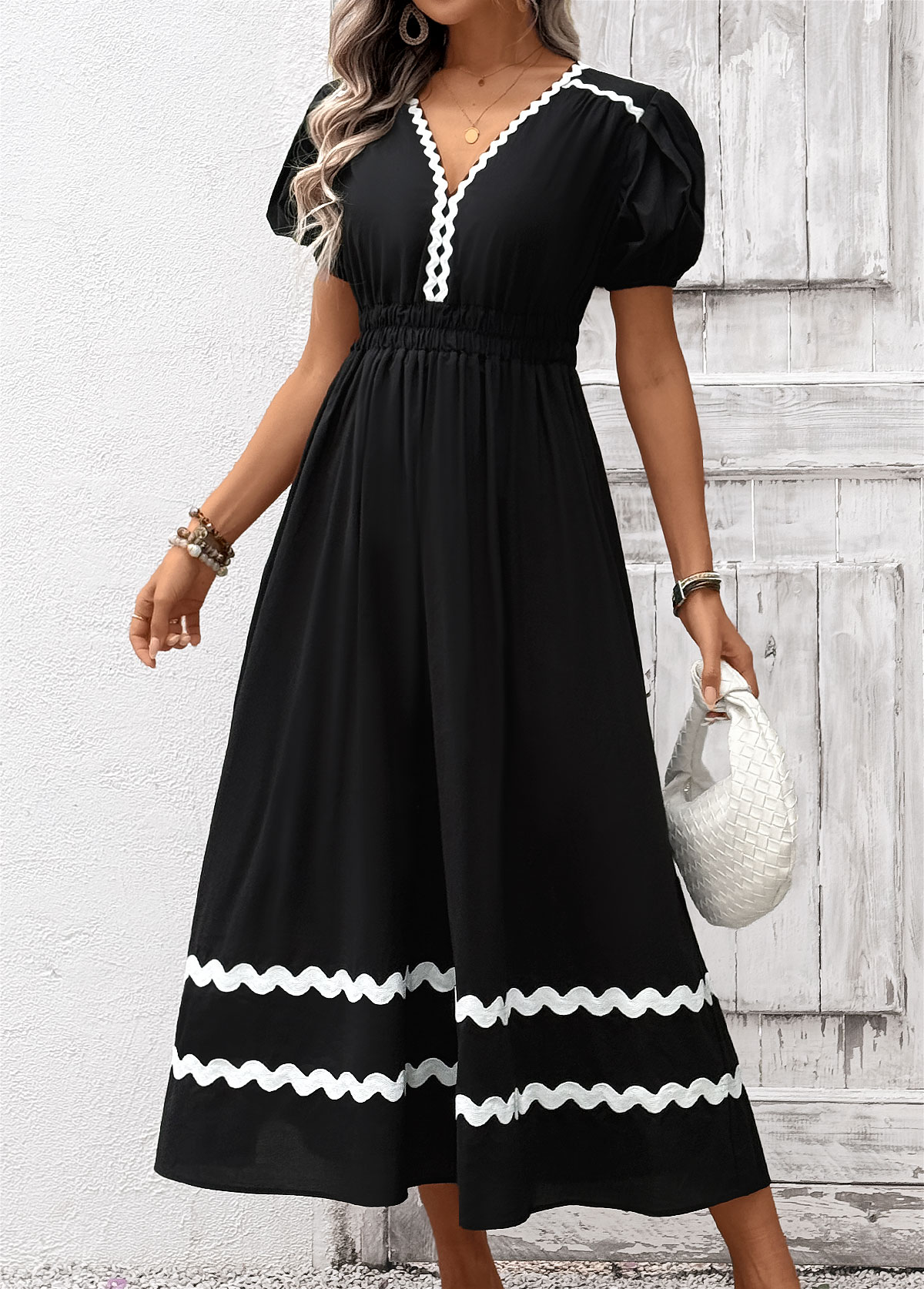 Black Tummy Coverage Maxi Short Sleeve V Neck Dress | picture 
