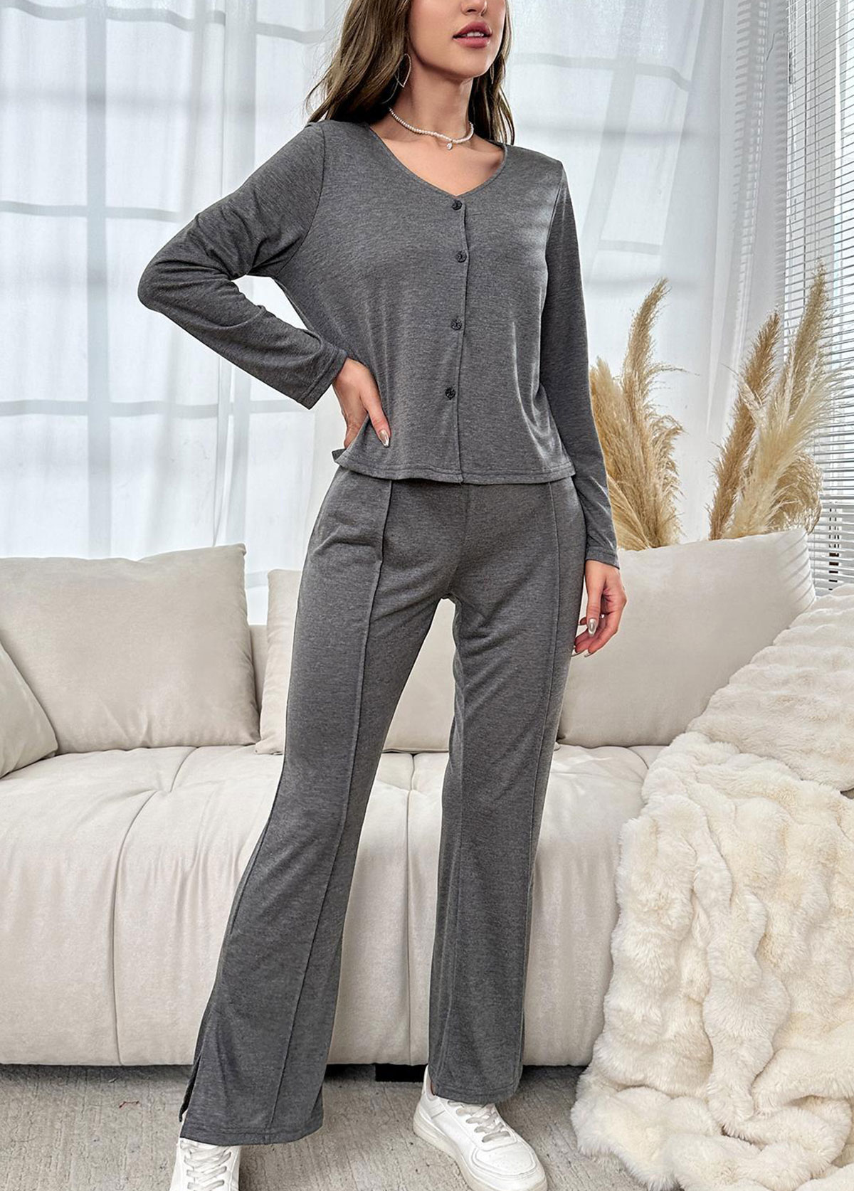 Dark Grey Long Sleeve Lounge Top and Pants | picture 
