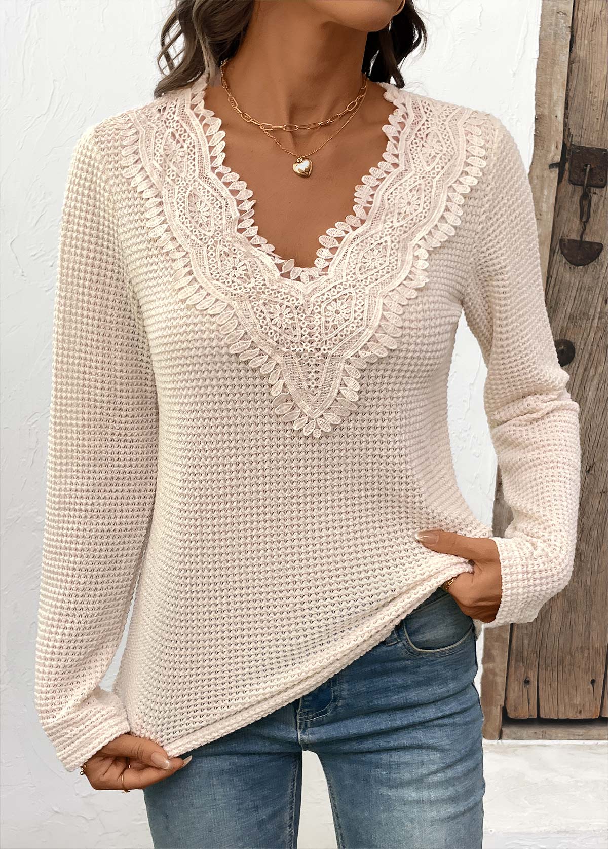 Beige Patchwork Long Sleeve V Neck T Shirt | picture 
