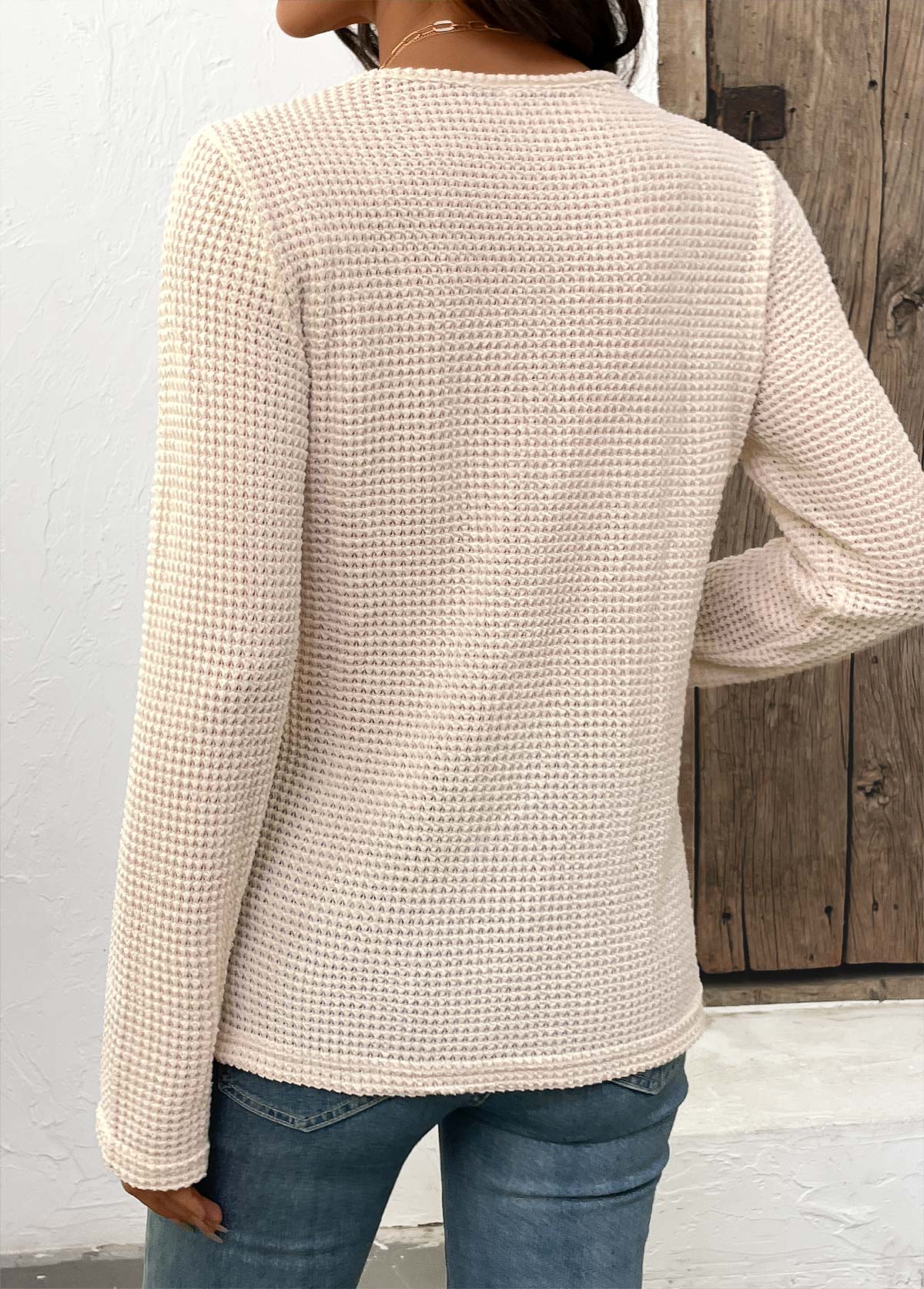 Beige Patchwork Long Sleeve V Neck T Shirt | picture 