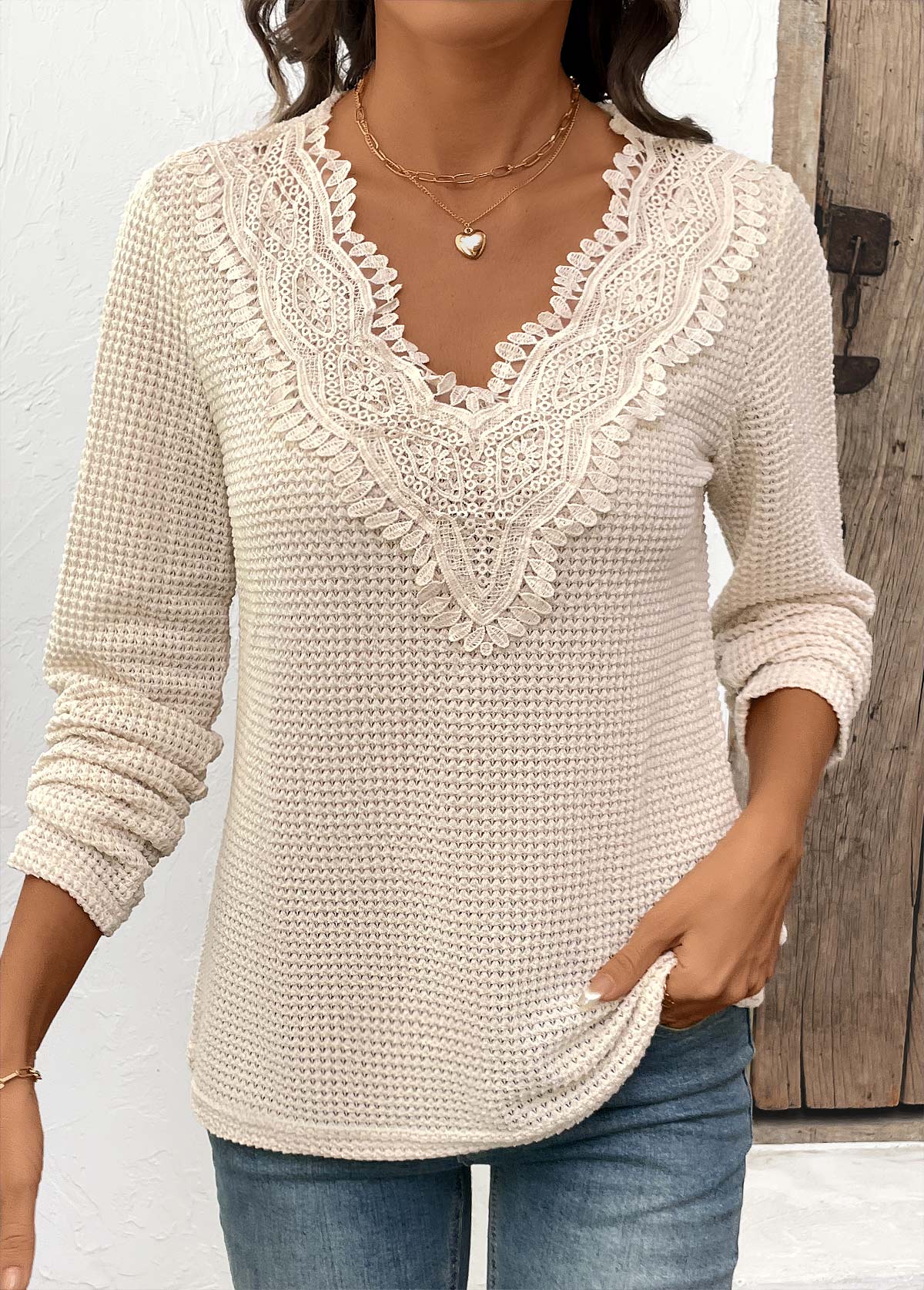 Beige Patchwork Long Sleeve V Neck T Shirt | picture 