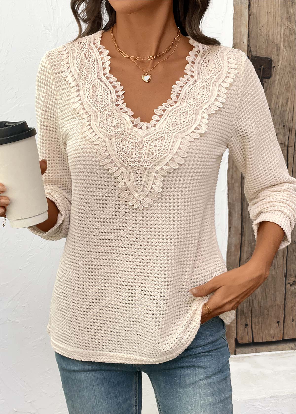 Beige Patchwork Long Sleeve V Neck T Shirt | picture 