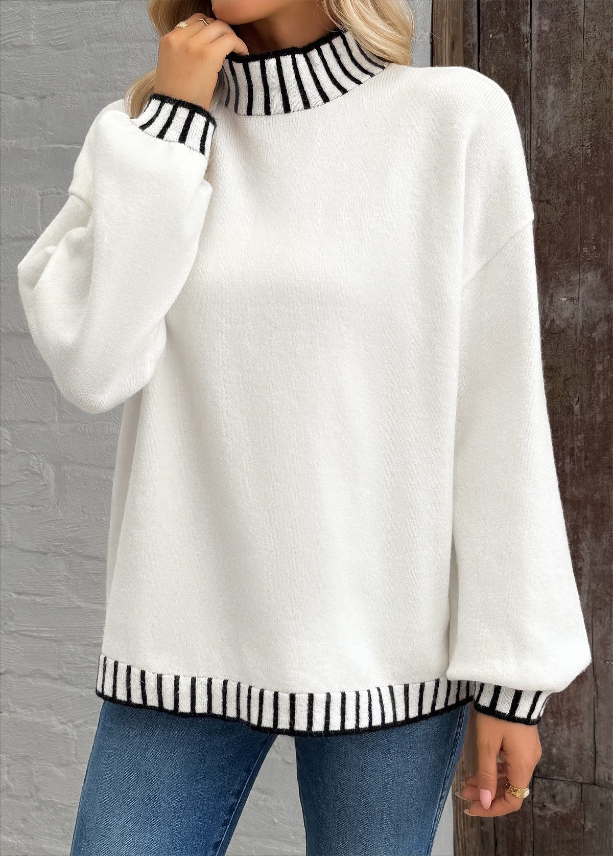 White Tummy Coverage Long Sleeve High Neck Sweater | picture 