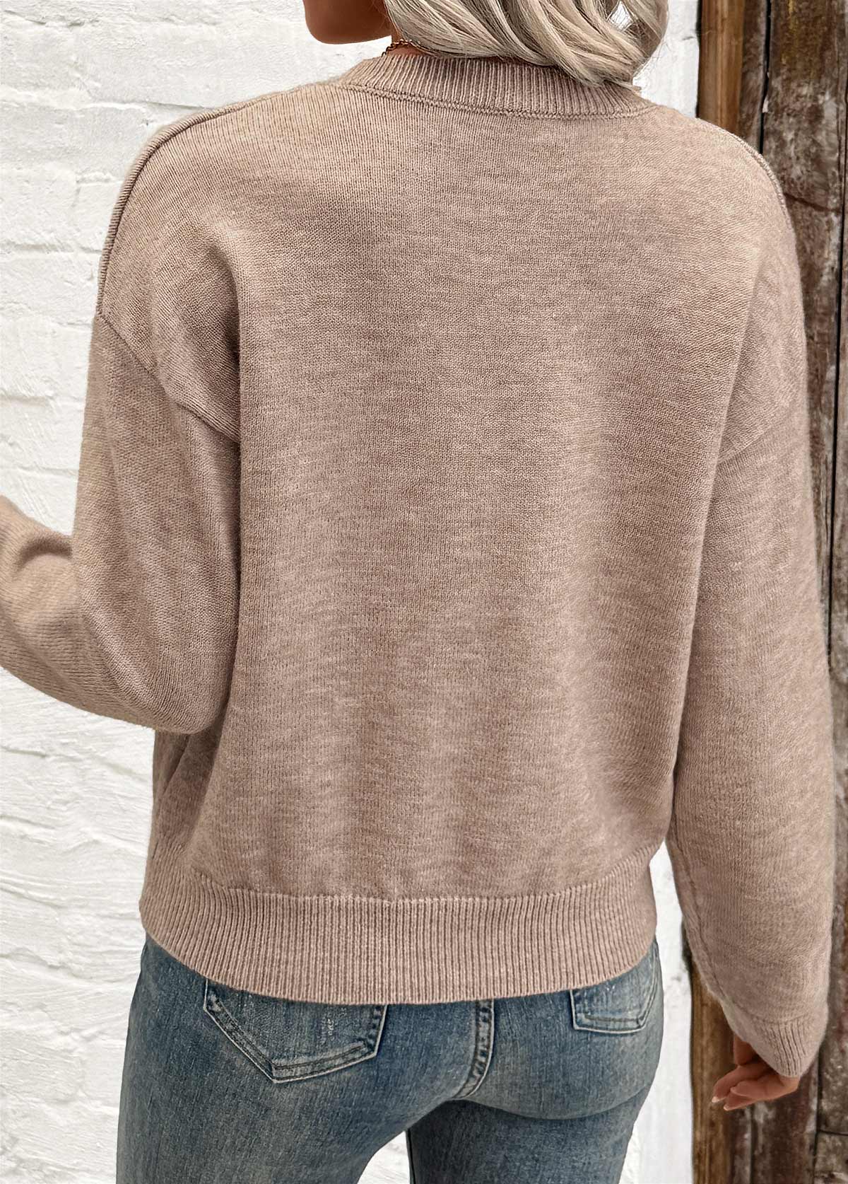 Light Camel Tummy Coverage Long Sleeve Round Neck Sweater | picture 