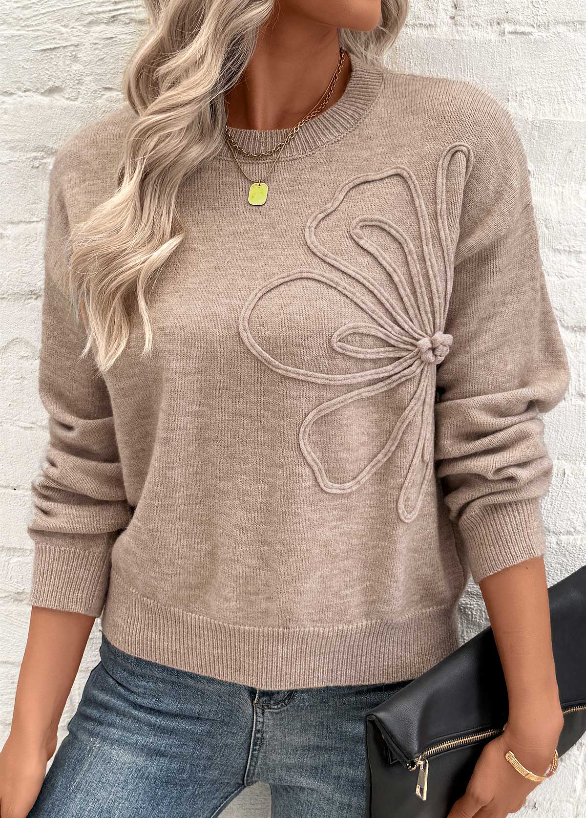 Light Camel Tummy Coverage Long Sleeve Round Neck Sweater | picture 