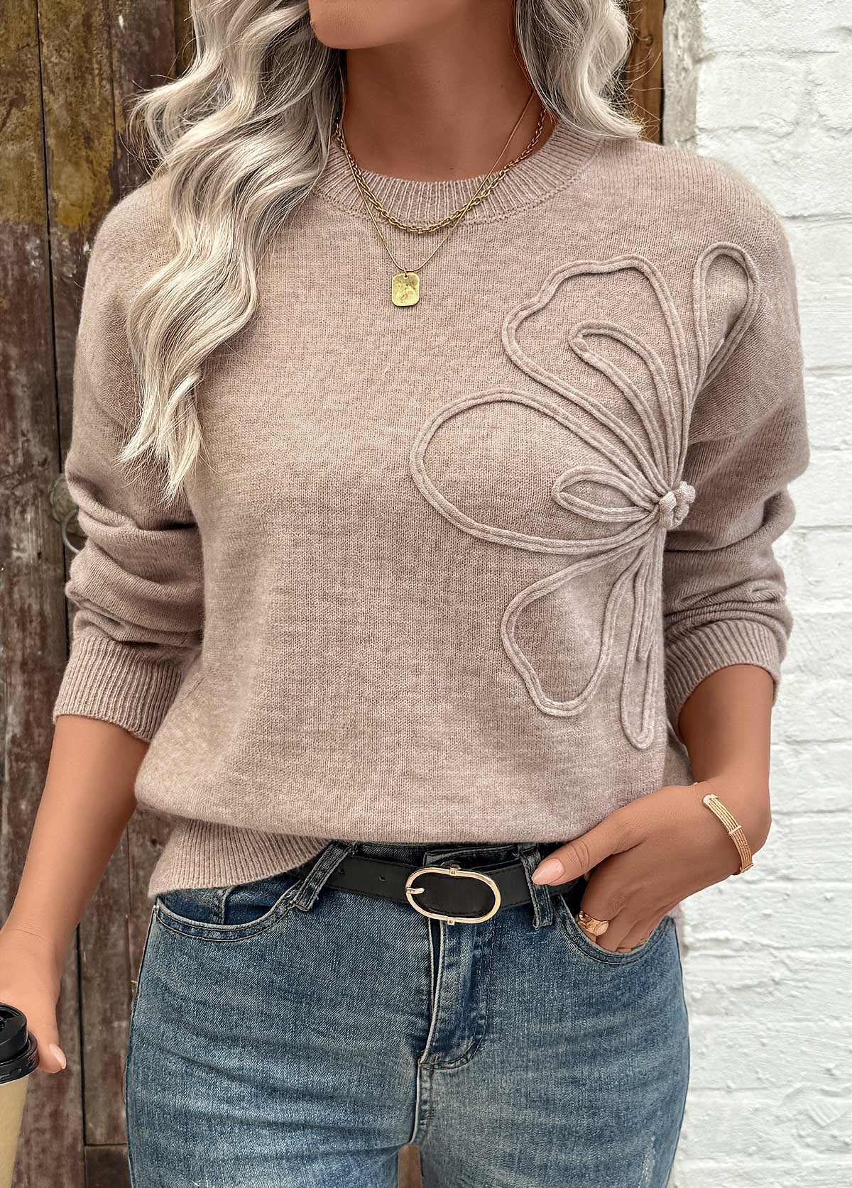 Light Camel Tummy Coverage Long Sleeve Round Neck Sweater | picture 