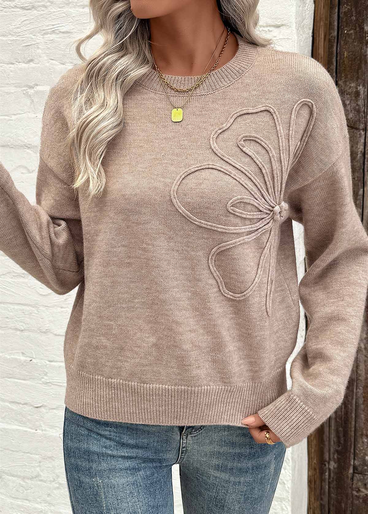 Light Camel Tummy Coverage Long Sleeve Round Neck Sweater | picture 