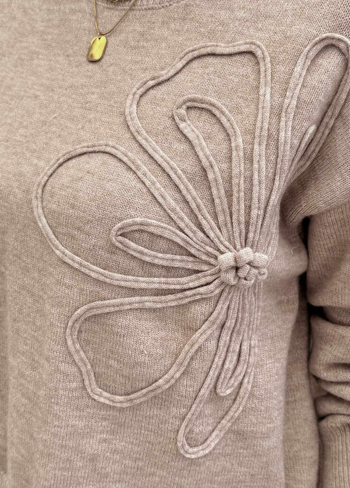 Light Camel Tummy Coverage Long Sleeve Round Neck Sweater | picture 