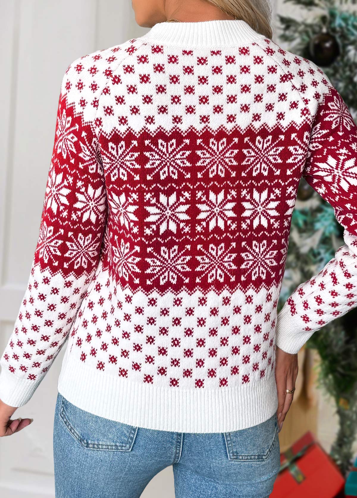 Christmas Wine Red Tummy Coverage Snowflake Print Sweater | picture 